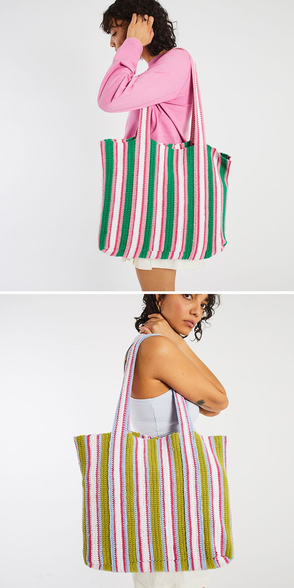 Two side-by-side images of a person holding a large, striped crochet tote bag with green, pink, white, and yellow vertical stripes, shown from different angles.