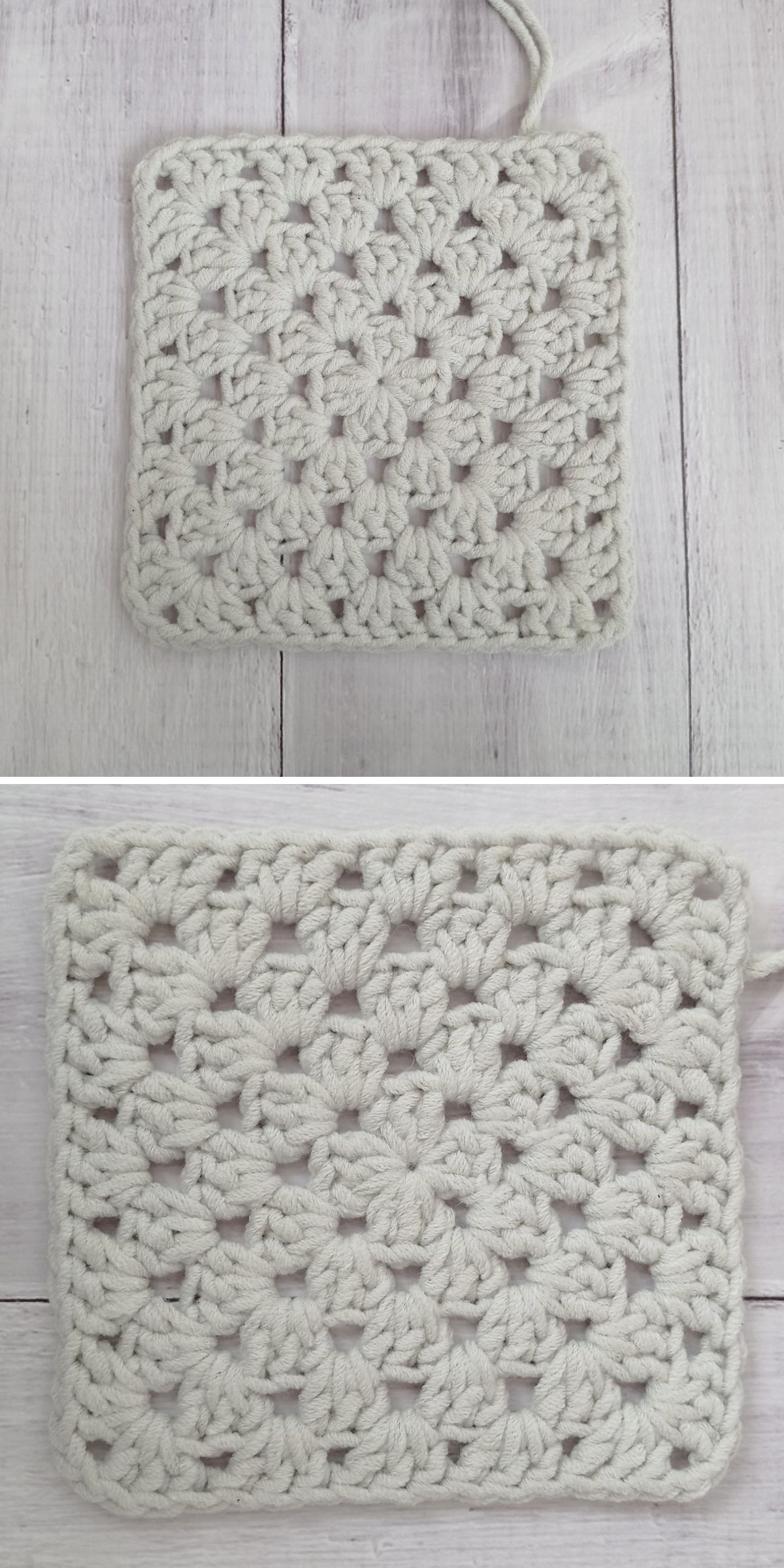 A square swatch of cream-colored crochet featuring a textured, openwork crochet stitch pattern, displayed on a light wooden surface.
