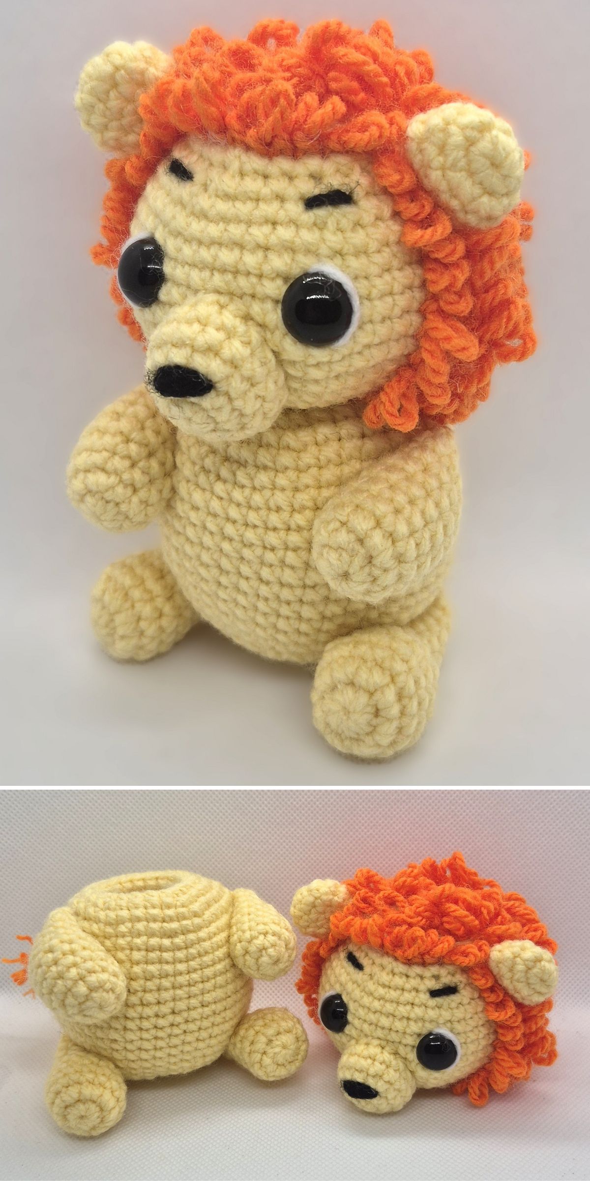 a crochet lion amigurumi shown as a ready toy and a body and head separately