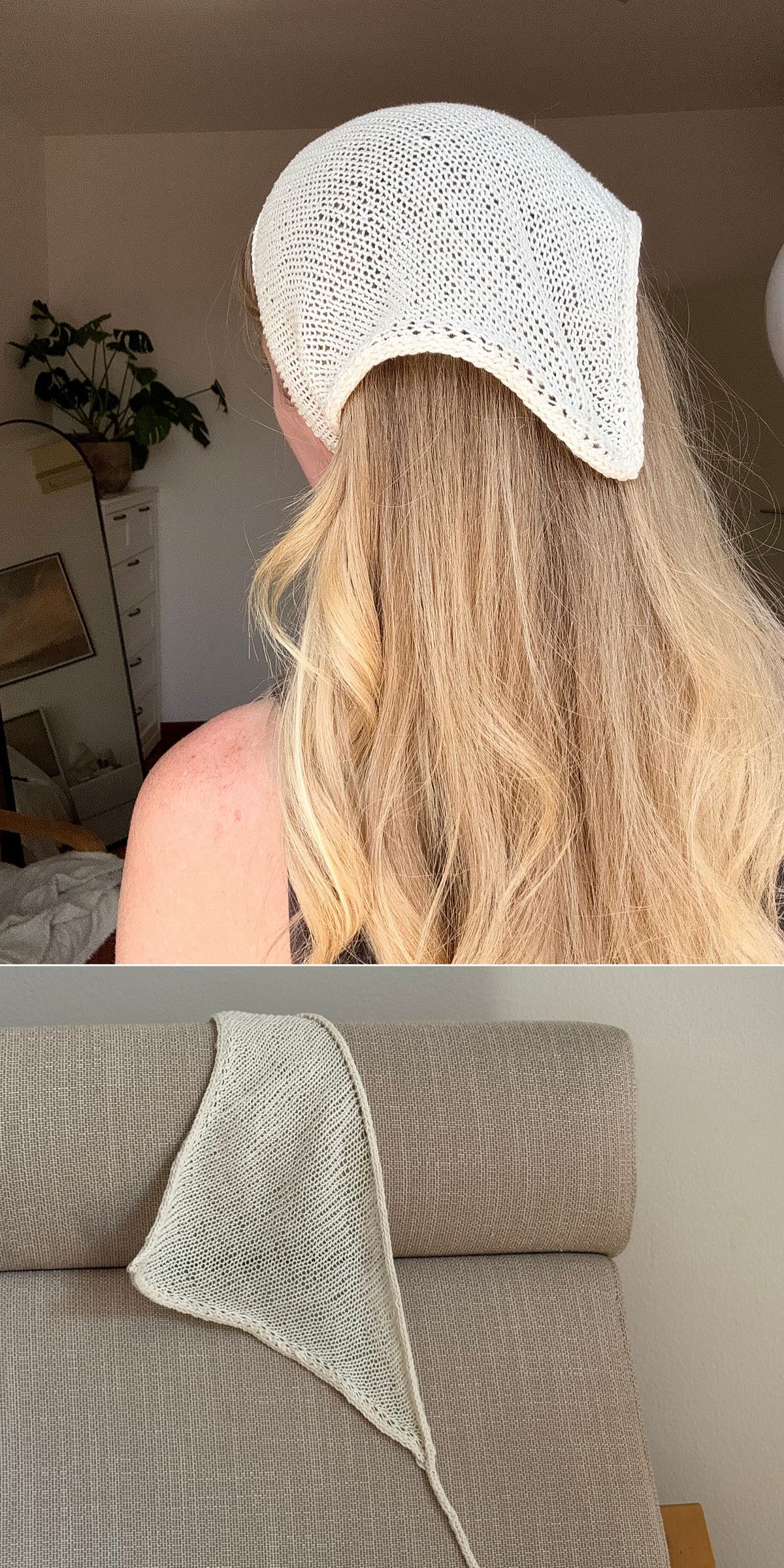 A person with long blonde hair wears a white knitted kerchief; below, one of our Knitted Bandanas and Kerchiefs is displayed flat on a beige cushion.