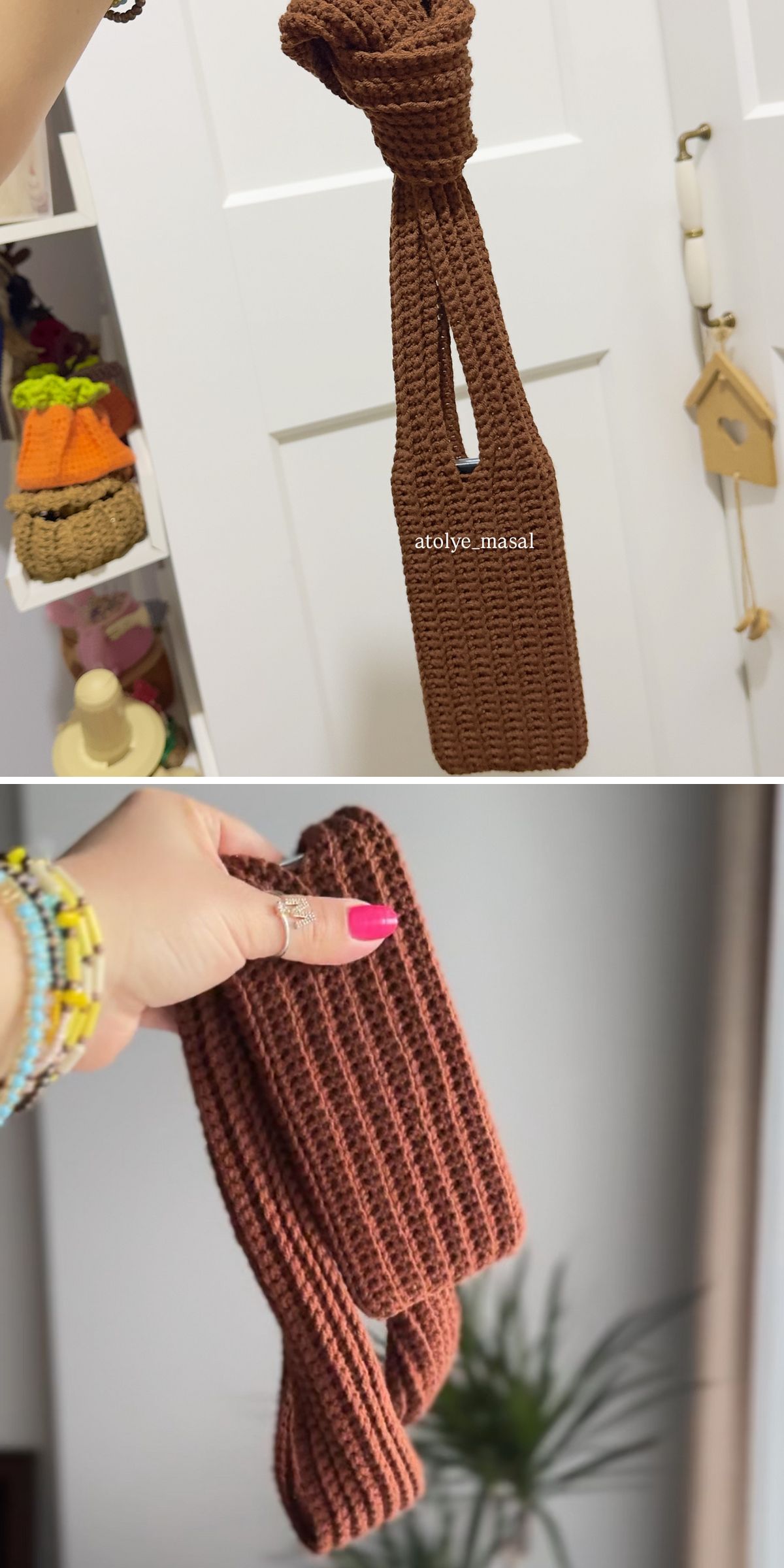 Two photos show a hand-knitted brown bottle holder, crafted with the same care as handmade phone cases: one hangs on a white door, while the other is displayed in a person's hand.
