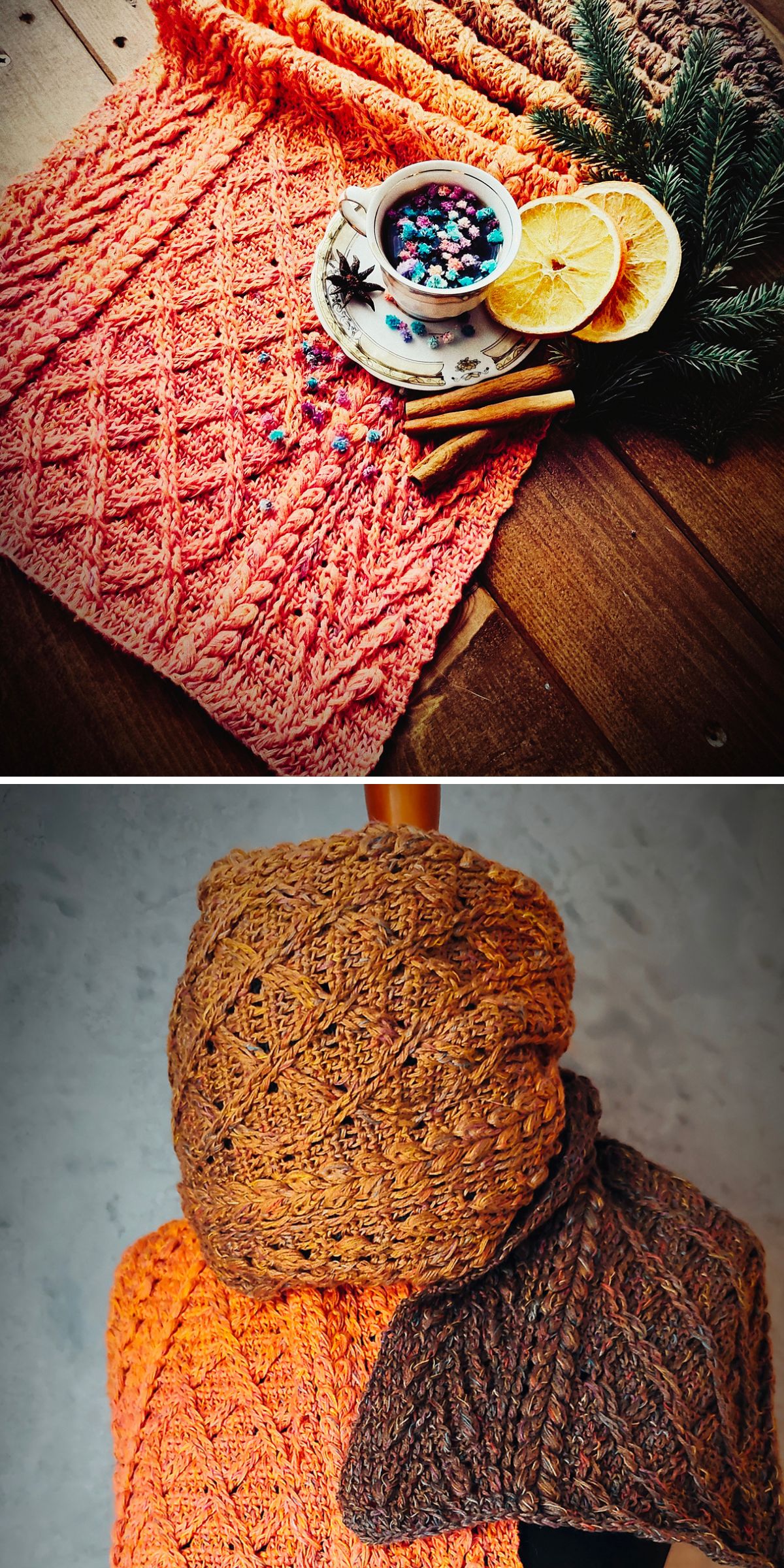 Two images: the first shows a textured crochet stitch fabric with a cup of candy, dried orange slices, and cinnamon on a table; the second features a scarf made of the same fabric draped on a mannequin.