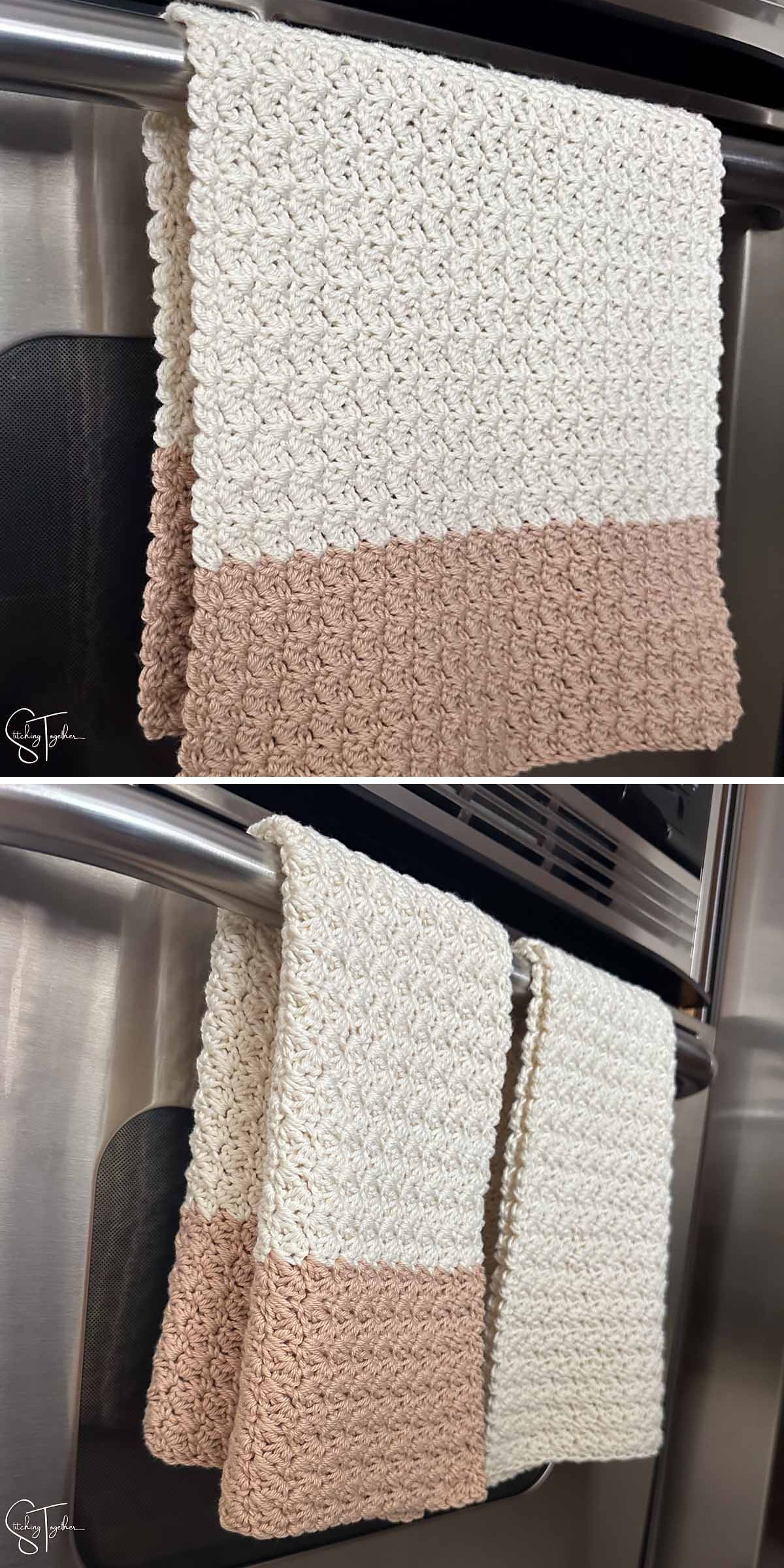 Two crochet towels in cream and light brown are hanging over a stainless steel oven handle.