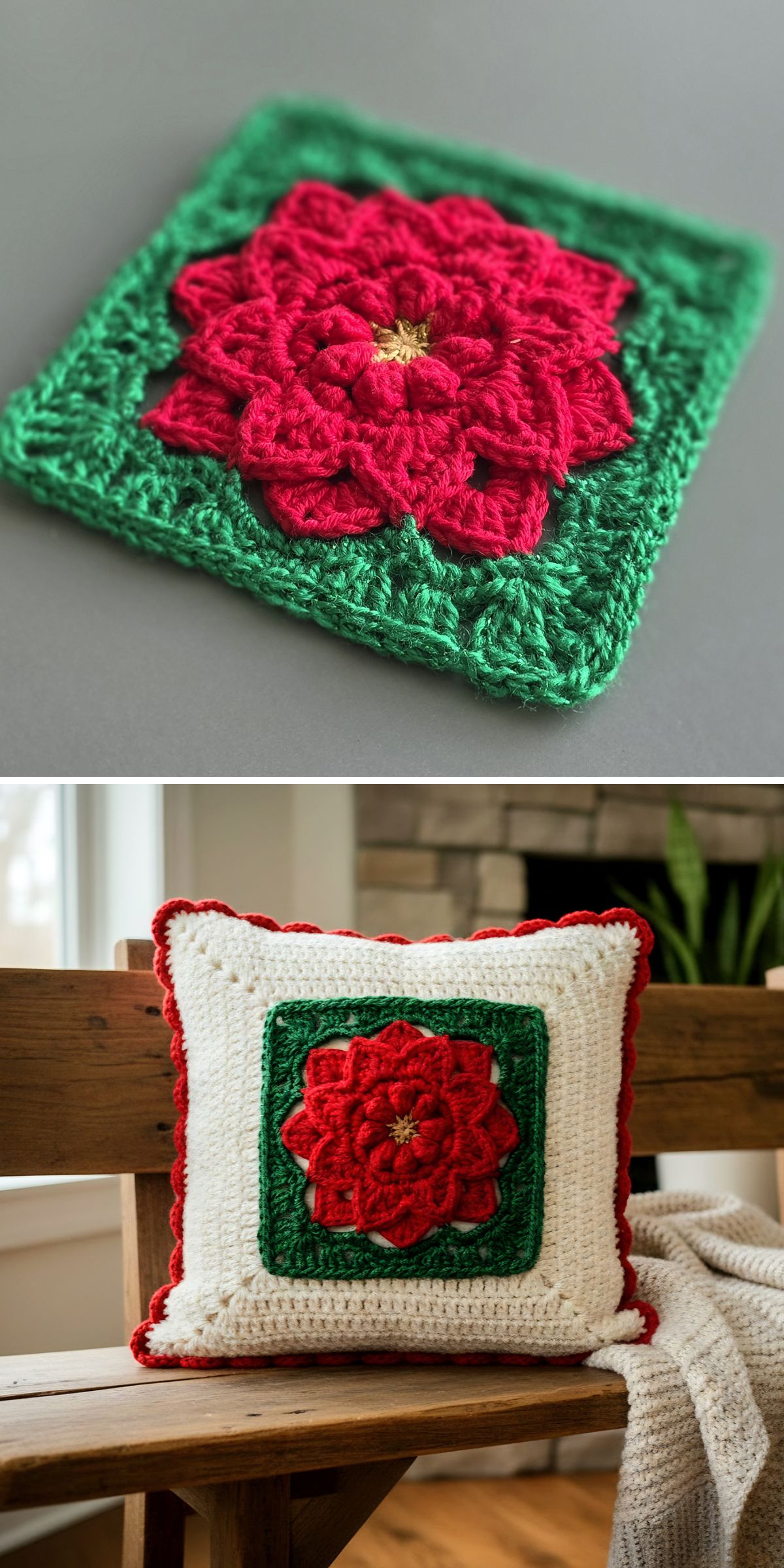 A Crochet Flower Square featuring a red flower with green leaves forms this striking motif, also used as a decorative panel on a white pillow.