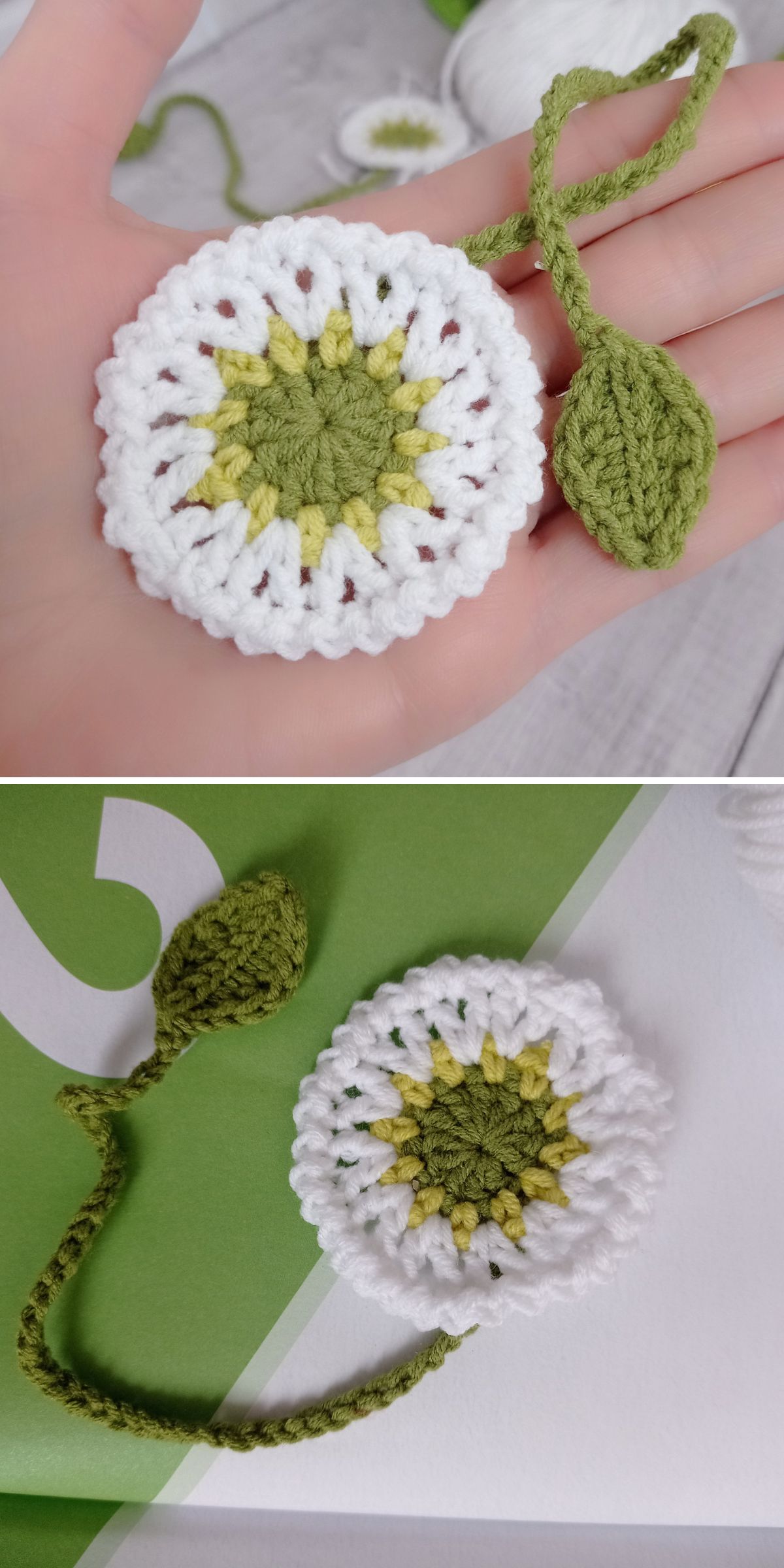 Two photos show a crocheted white flower with a yellow center and a green stem ending in a leaf, displayed as a charming crochet bookmark on a hand and on a green and white background.