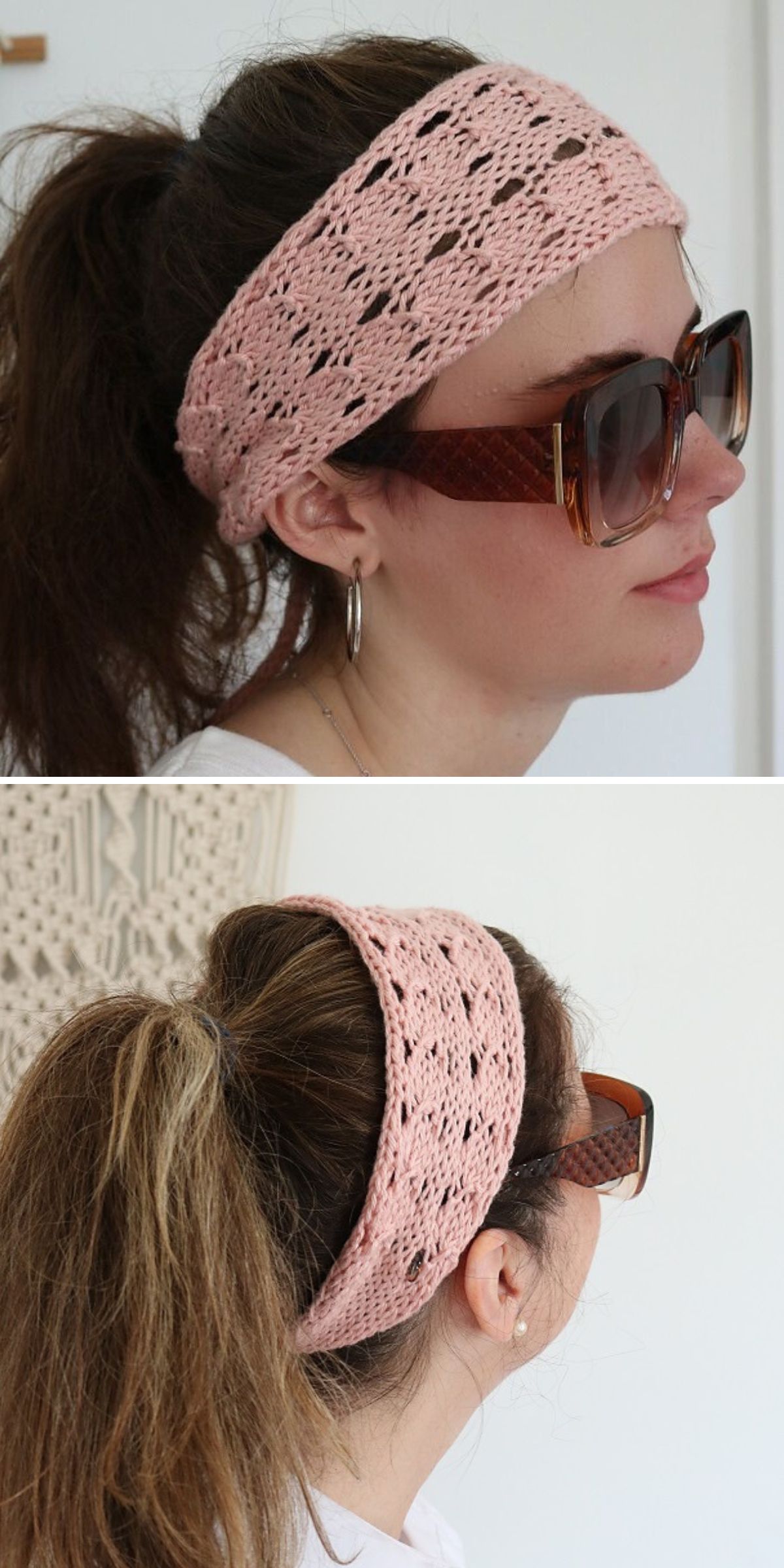 Woman wearing large sunglasses and a wide, light pink knitted headband with a ponytail, shown from side and back views.