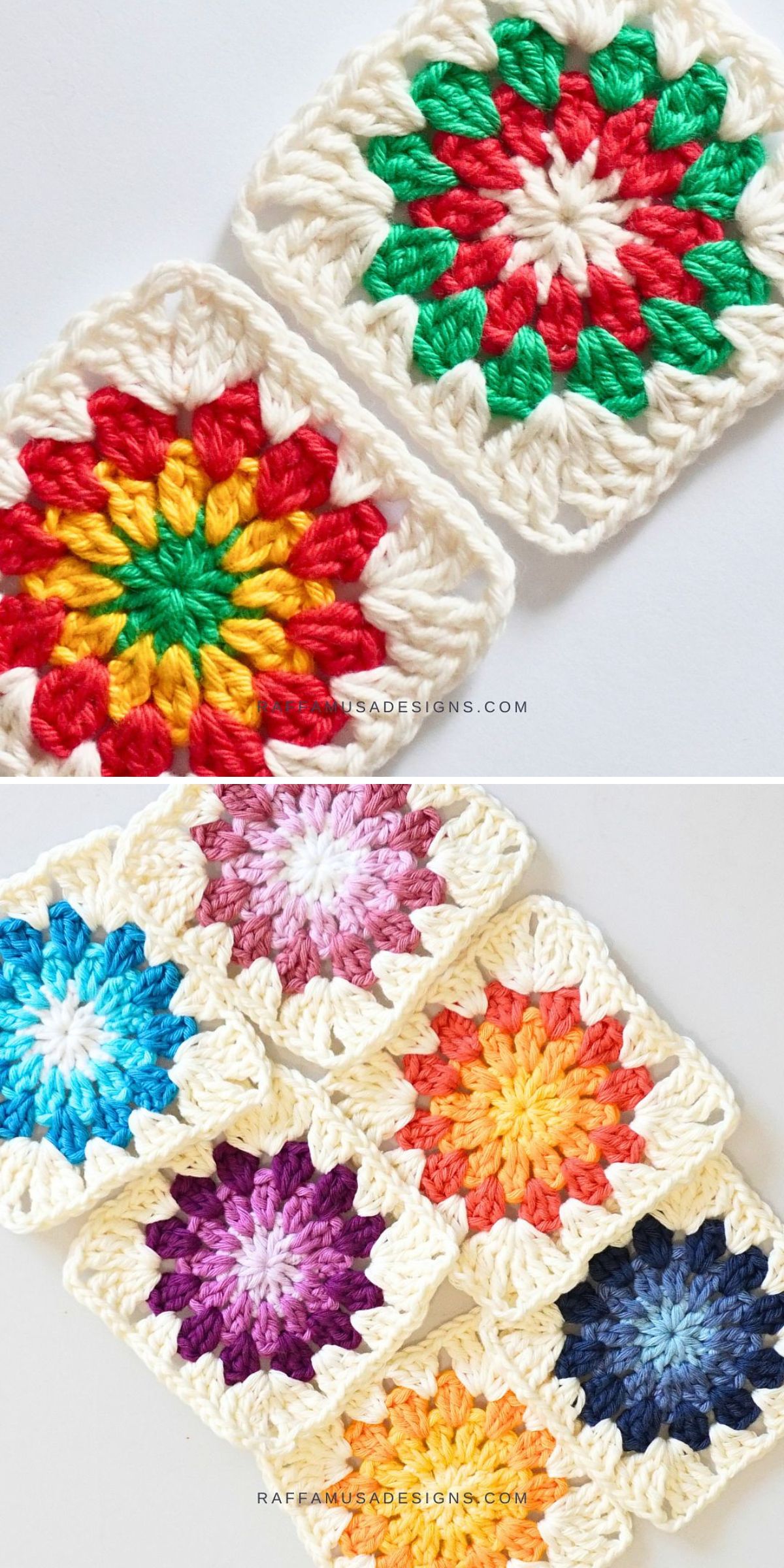Crocheted granny squares, including vibrant Crochet Flower Squares with colorful centers and white borders, are arranged in pairs and groups on a white background.