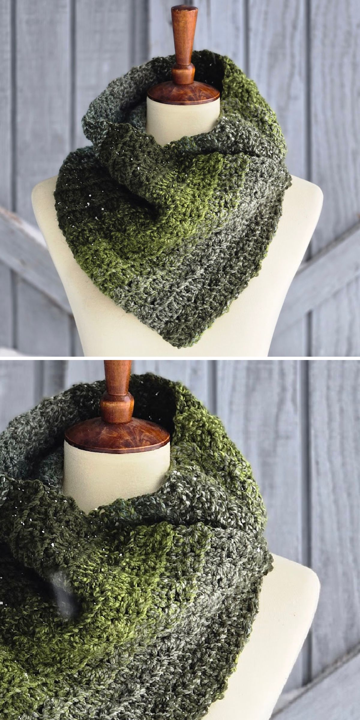 A mannequin displays a chunky, hand-crocheted green cowl scarf with gradient shades, inspired by free crochet patterns in green, set against a wooden background.