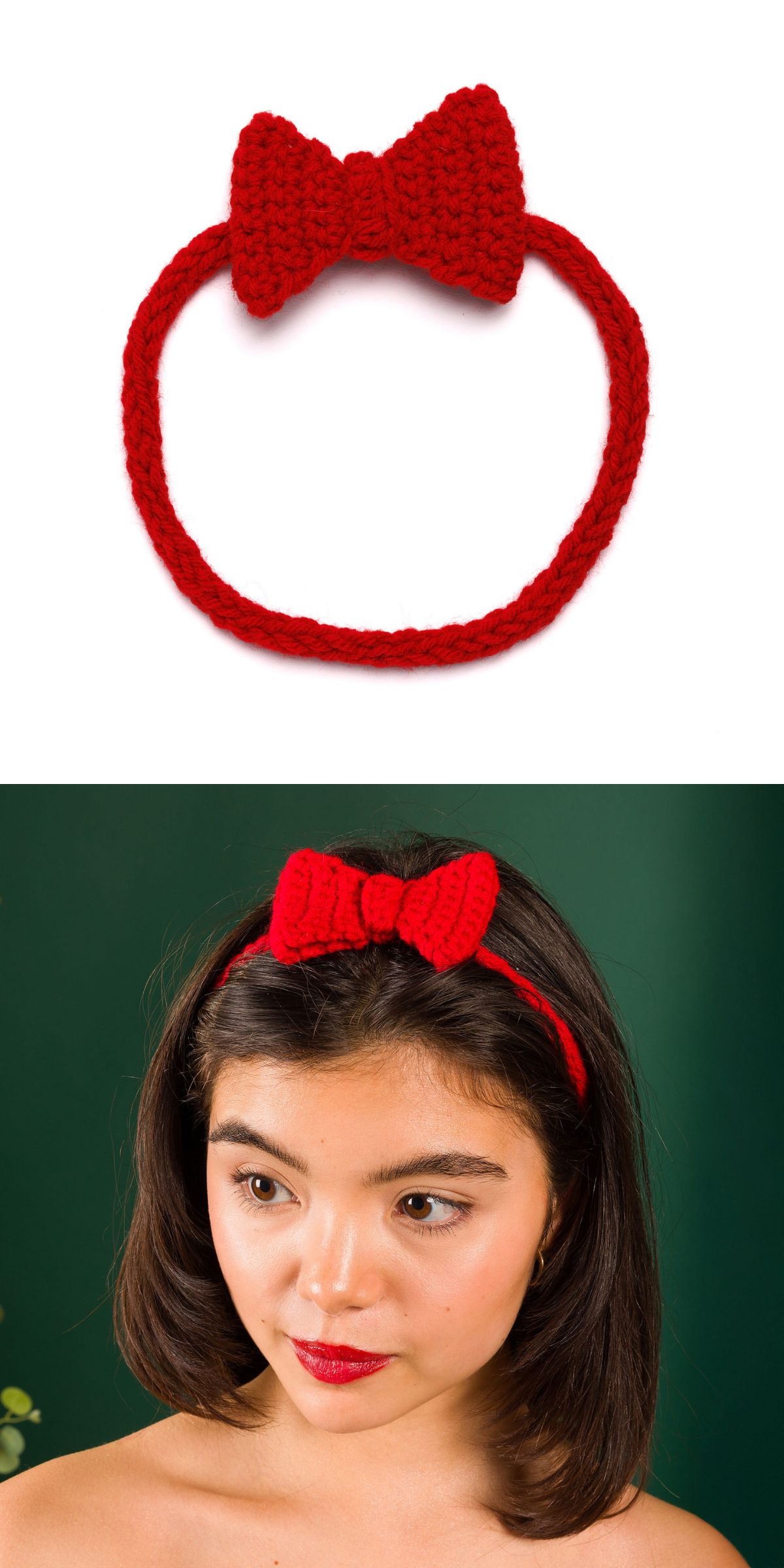 A red knitted headband with a crochet bow, shown alone on a white background and worn by a person with short dark hair against a green background.