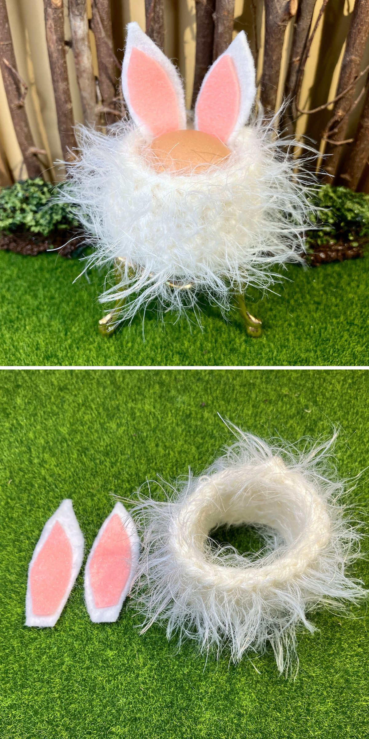 An egg is decorated with white faux fur and pink felt bunny ears, resembling knitted Easter decorations, shown assembled and separately as its parts, on artificial grass with a wooden backdrop.