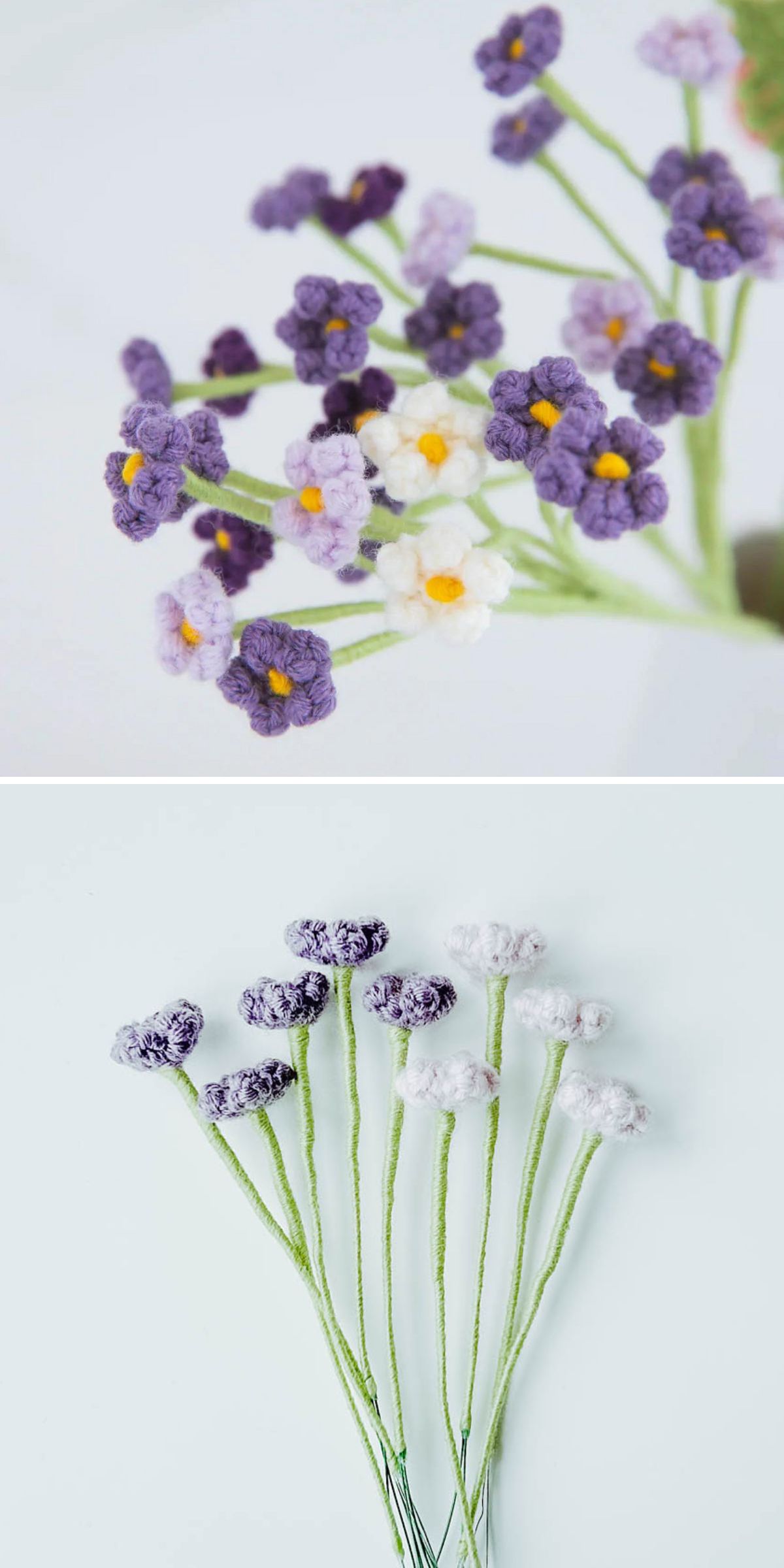Two images show handmade crocheted flowers with green stems and purple, white, and yellow petals, arranged in small clusters against a light background, highlighting a charming crochet baby's breath flower pattern.