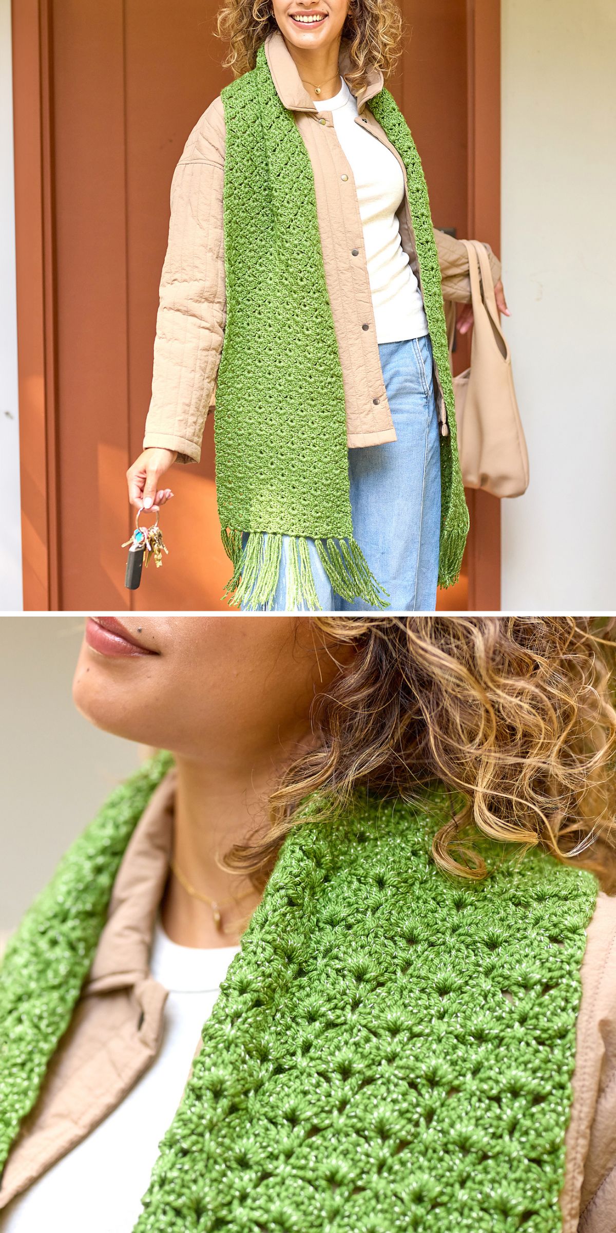 A woman wears a textured green crochet scarf with fringes over a beige jacket and white top, holding keys and a beige bag. The close-up shows the scarf’s detailed crochet pattern.