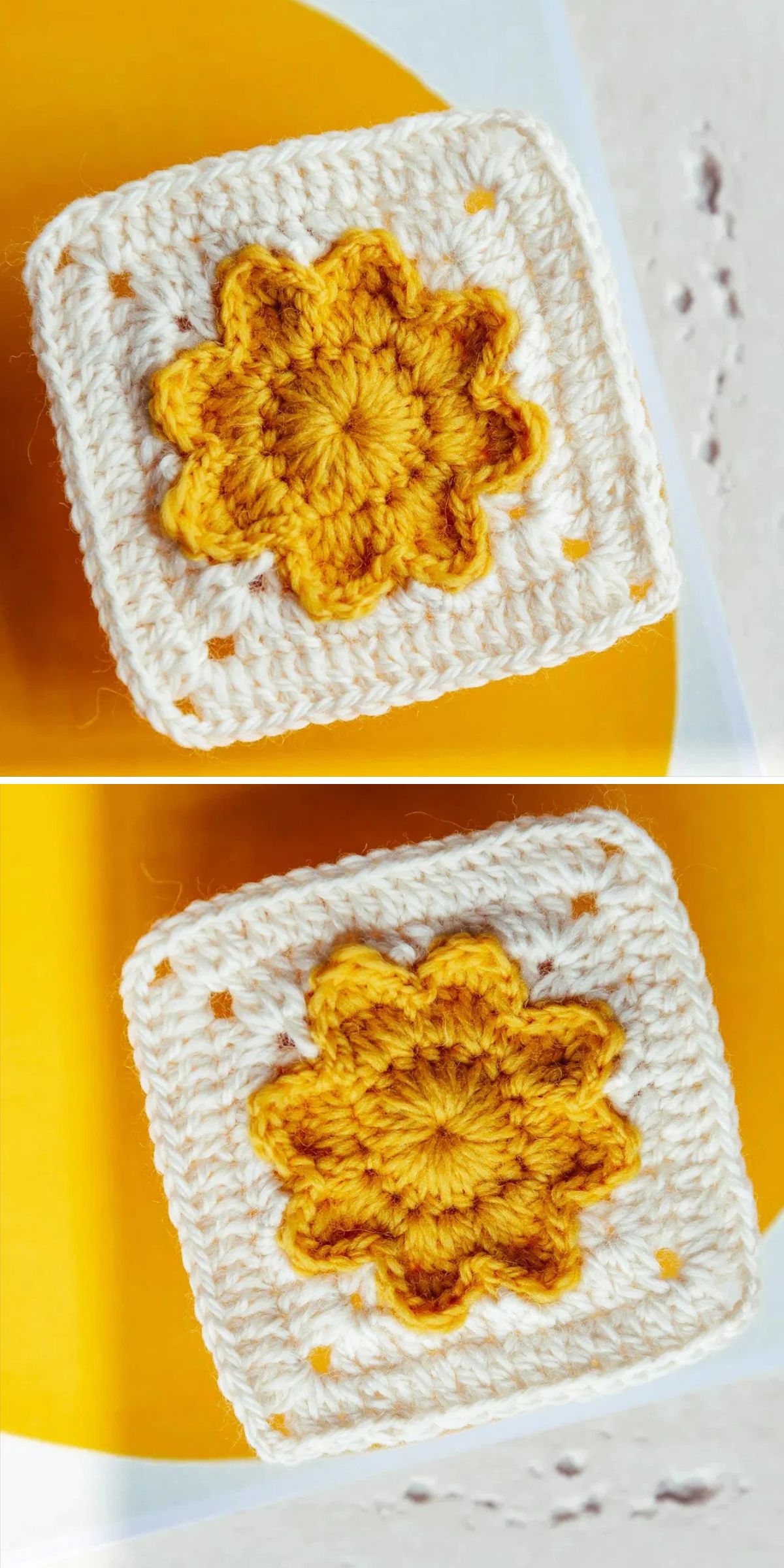A Crochet Flower Square featuring a yellow flower pattern in the center with white borders, shown from two angles.