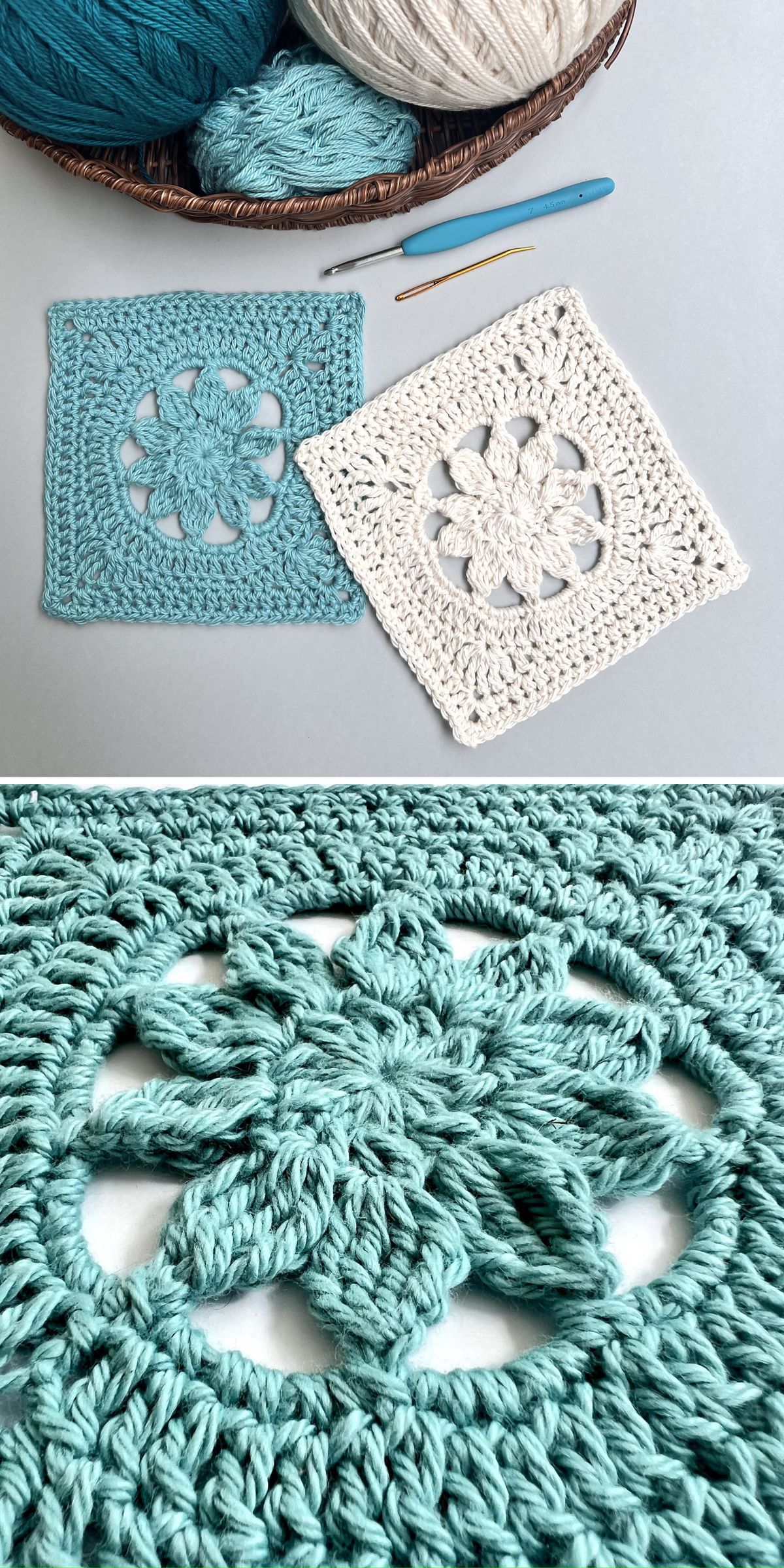 Two Crochet Flower Squares, one teal and one off-white, are displayed on a table with yarn and crochet hooks; a close-up highlights the teal square’s delicate floral pattern.