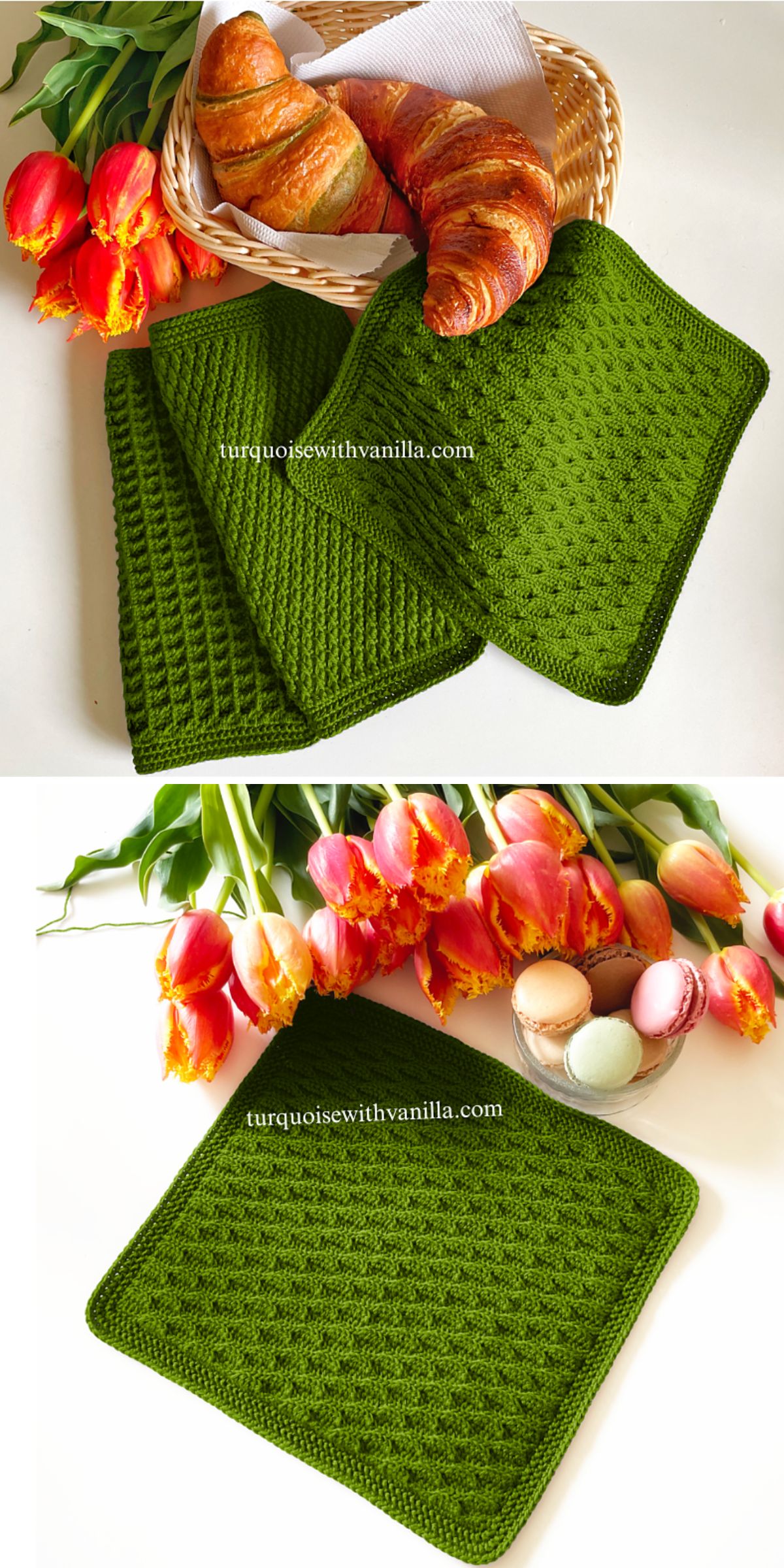 Green crochet dishcloths, inspired by free crochet patterns in green, are displayed next to tulips, croissants in a basket, and macarons on a white surface.