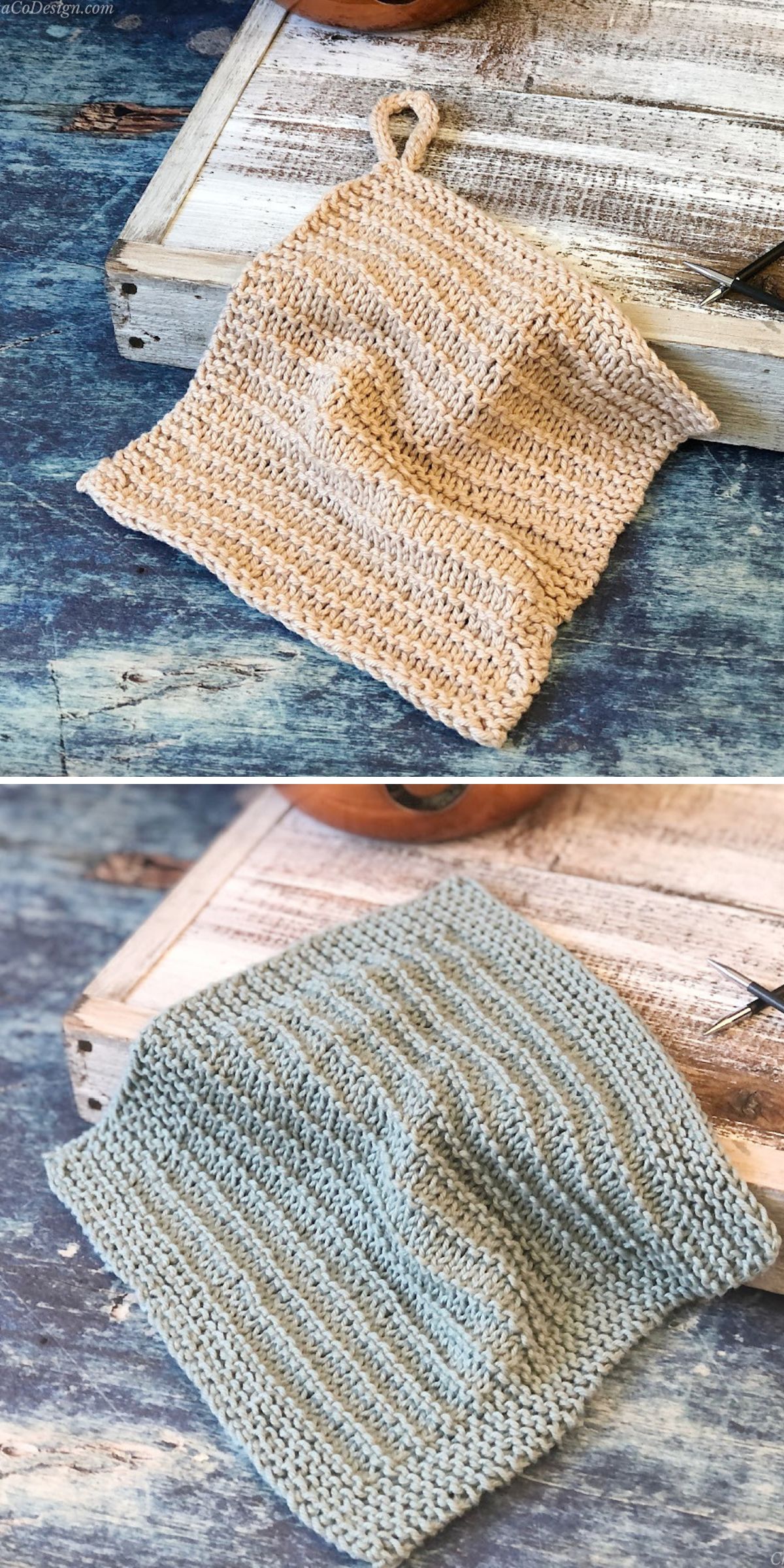 Two hand-knitted square washcloths, one beige and one light blue, are displayed on a rustic wooden surface.