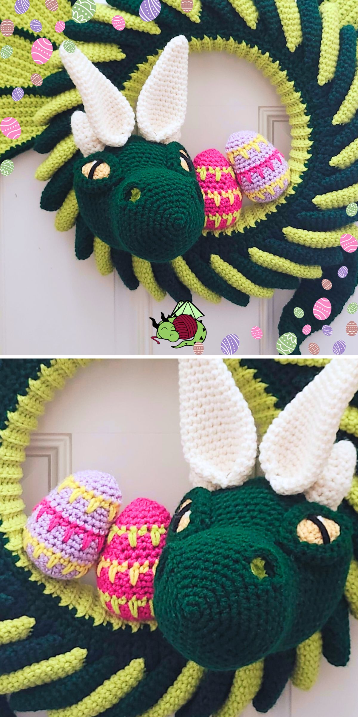 A crocheted green dragon wreath with white horns and two colorful eggs attached, perfect as unique crochet Easter decor, displayed against a white background.