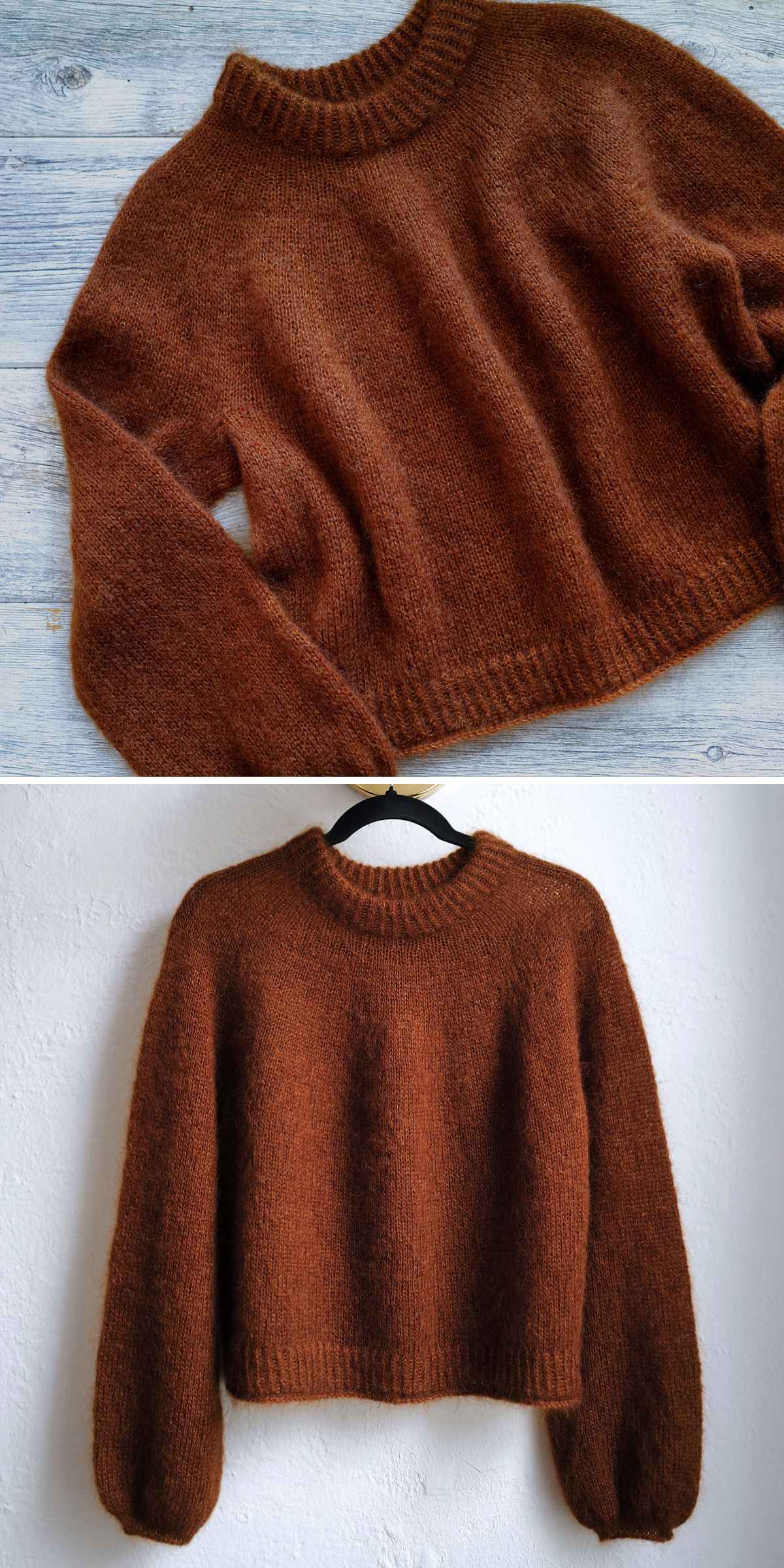 Two images of a brown, knitted long-sleeve sweater with a ribbed collar, cuffs, and hem—an ideal example for those seeking knitting patterns for sweaters—displayed flat (top) and hanging against a white wall (bottom).