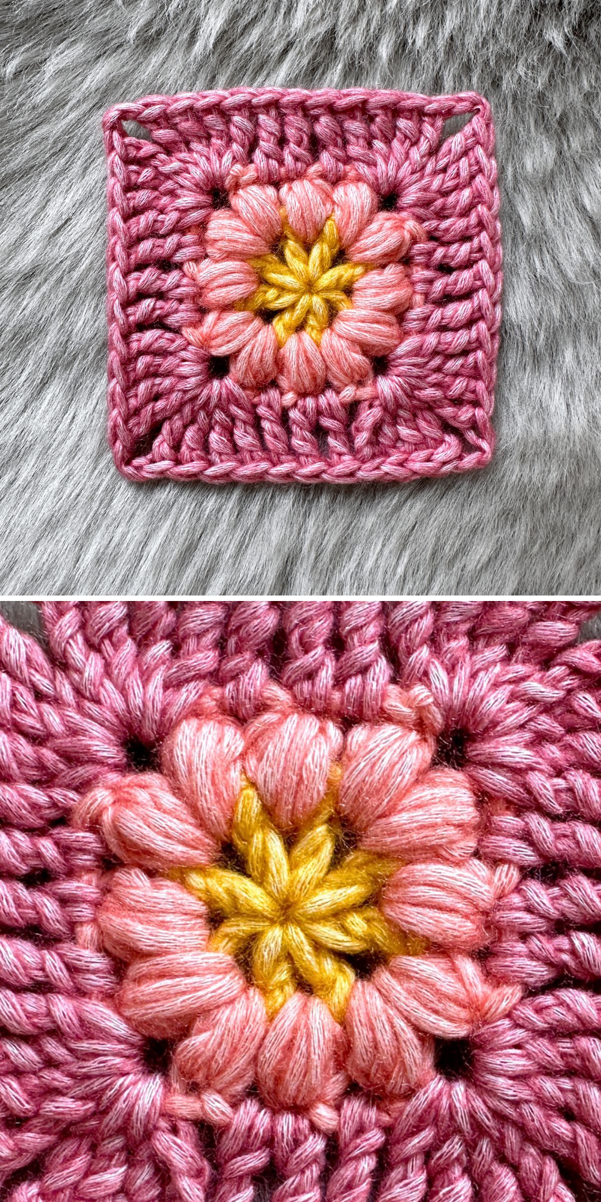 A close-up of a Crochet Flower Square featuring a yellow and pink flower pattern in the center, placed on a gray, furry surface.