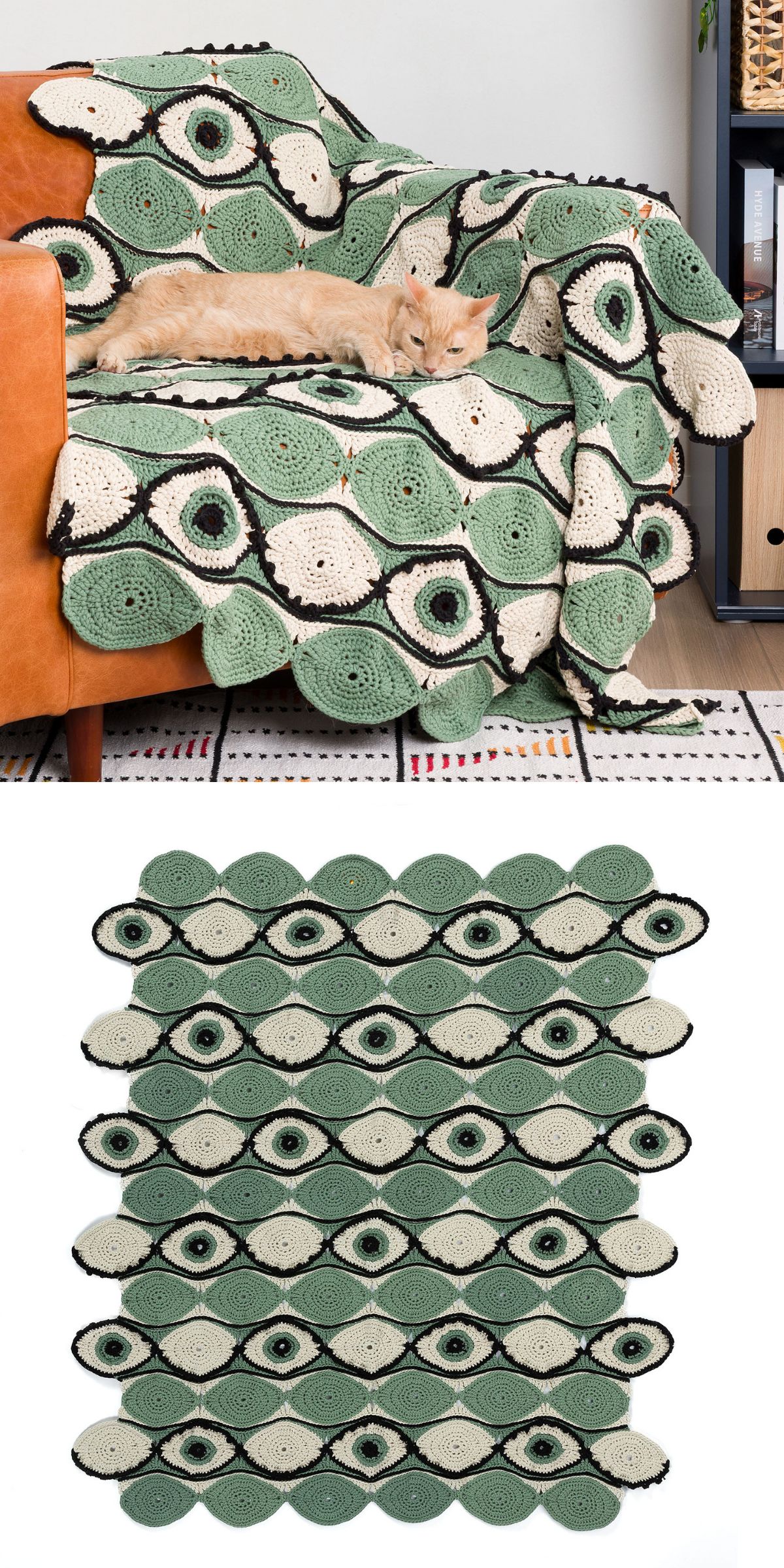 A beige cat lies on a green, cream, and black crocheted blanket draped over a chair. Below is a top-down view of the entire blanket showing its geometric pattern.