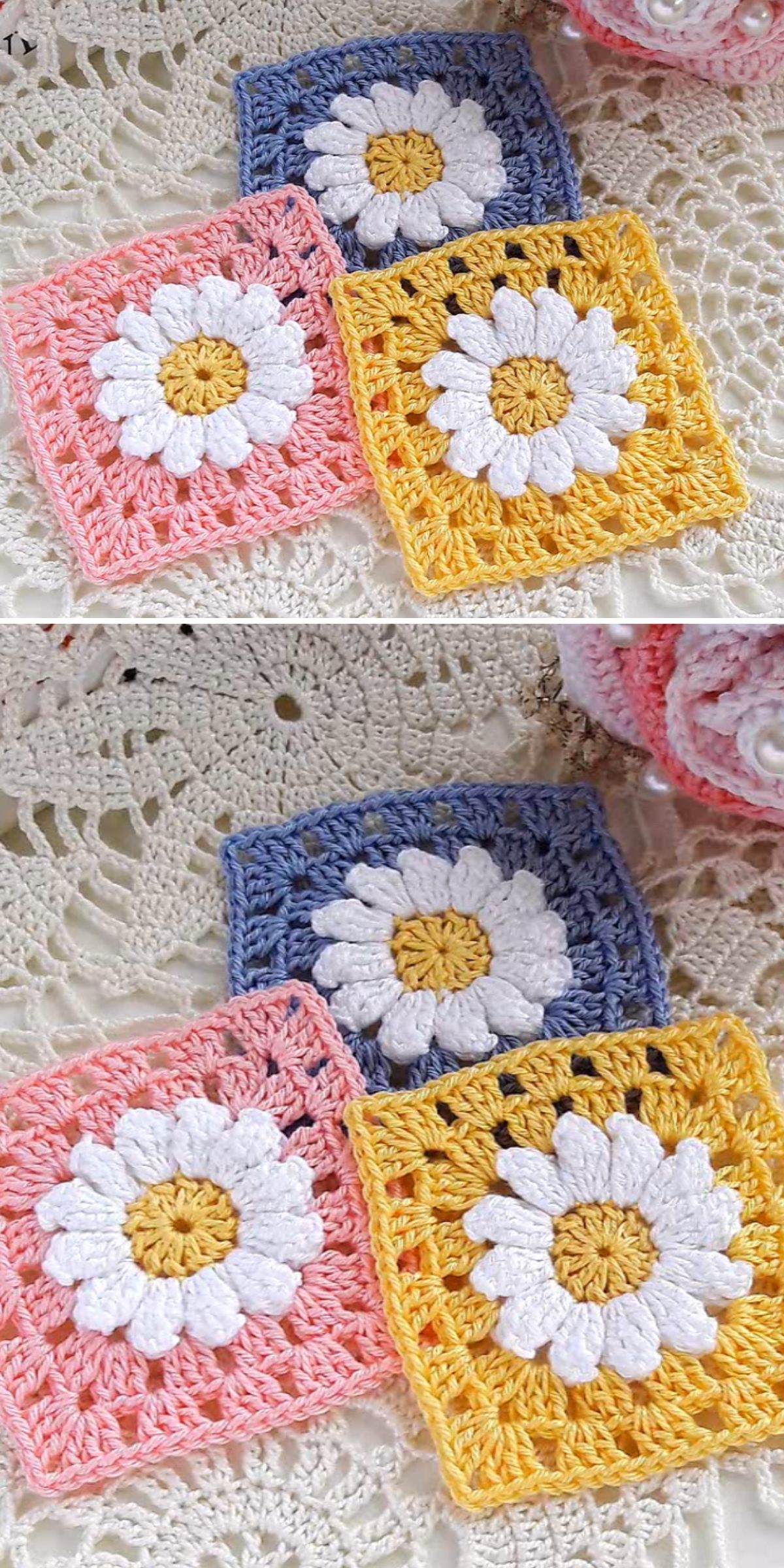 Three Crochet Flower Squares in pink, yellow, and blue with white daisy patterns in the center, displayed on a lace surface.