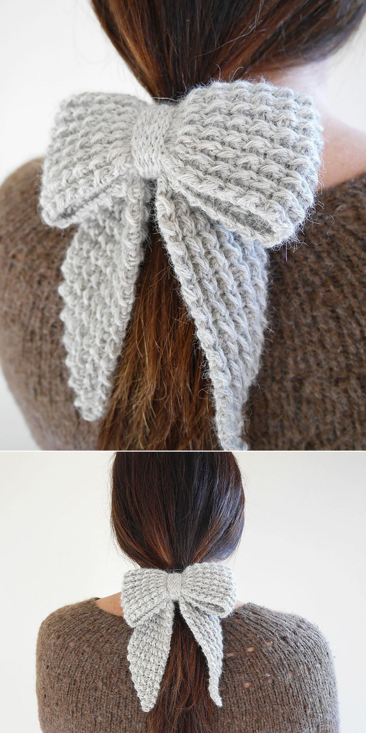 A person with long brown hair wears a large, light gray crochet bow tied around their ponytail, shown from the back.