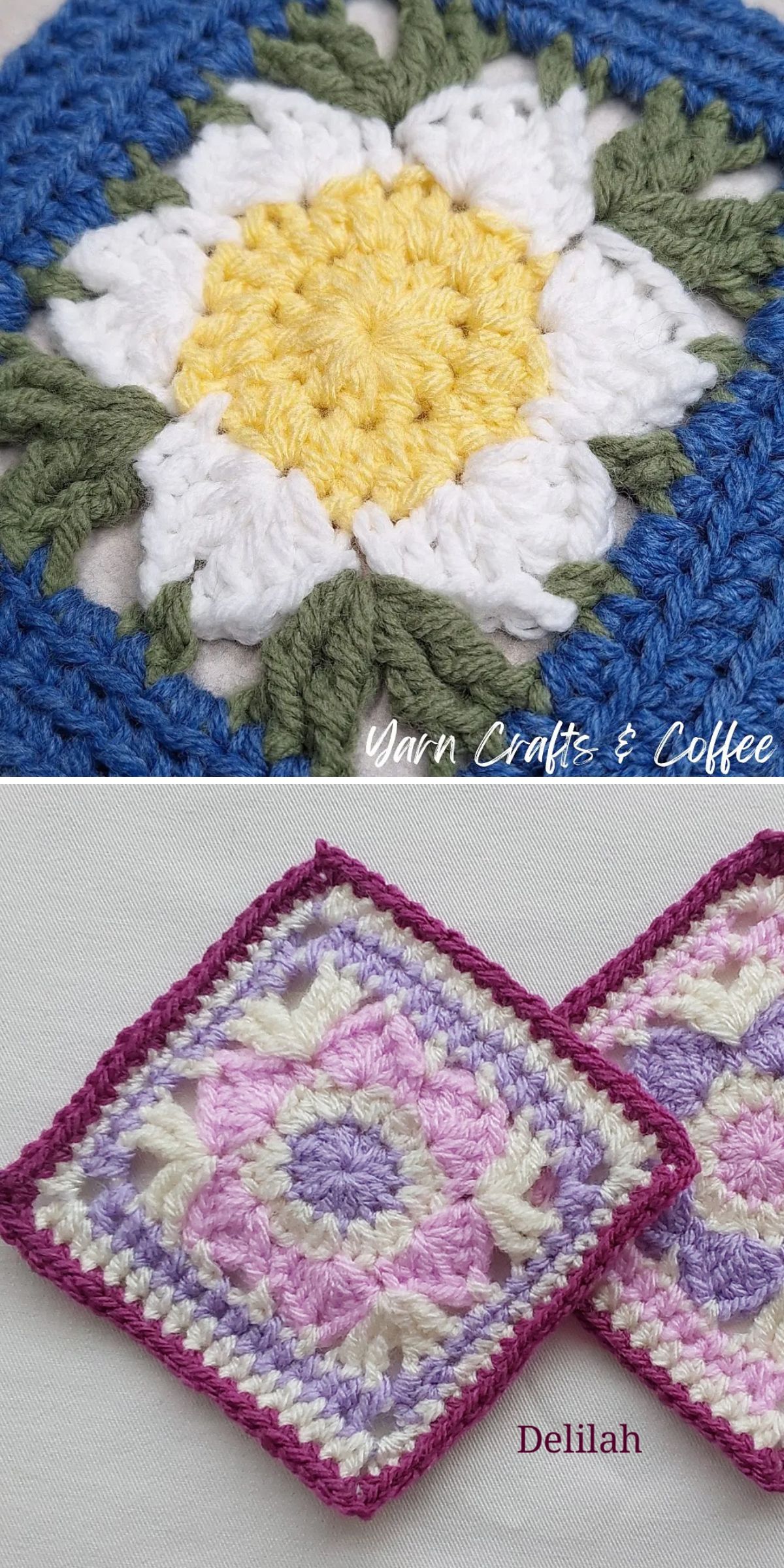 Two crocheted square motifs: the top showcases a Crochet Flower Square in yellow, white, green, and blue; the bottom displays two purple, pink, and white squares with geometric patterns.