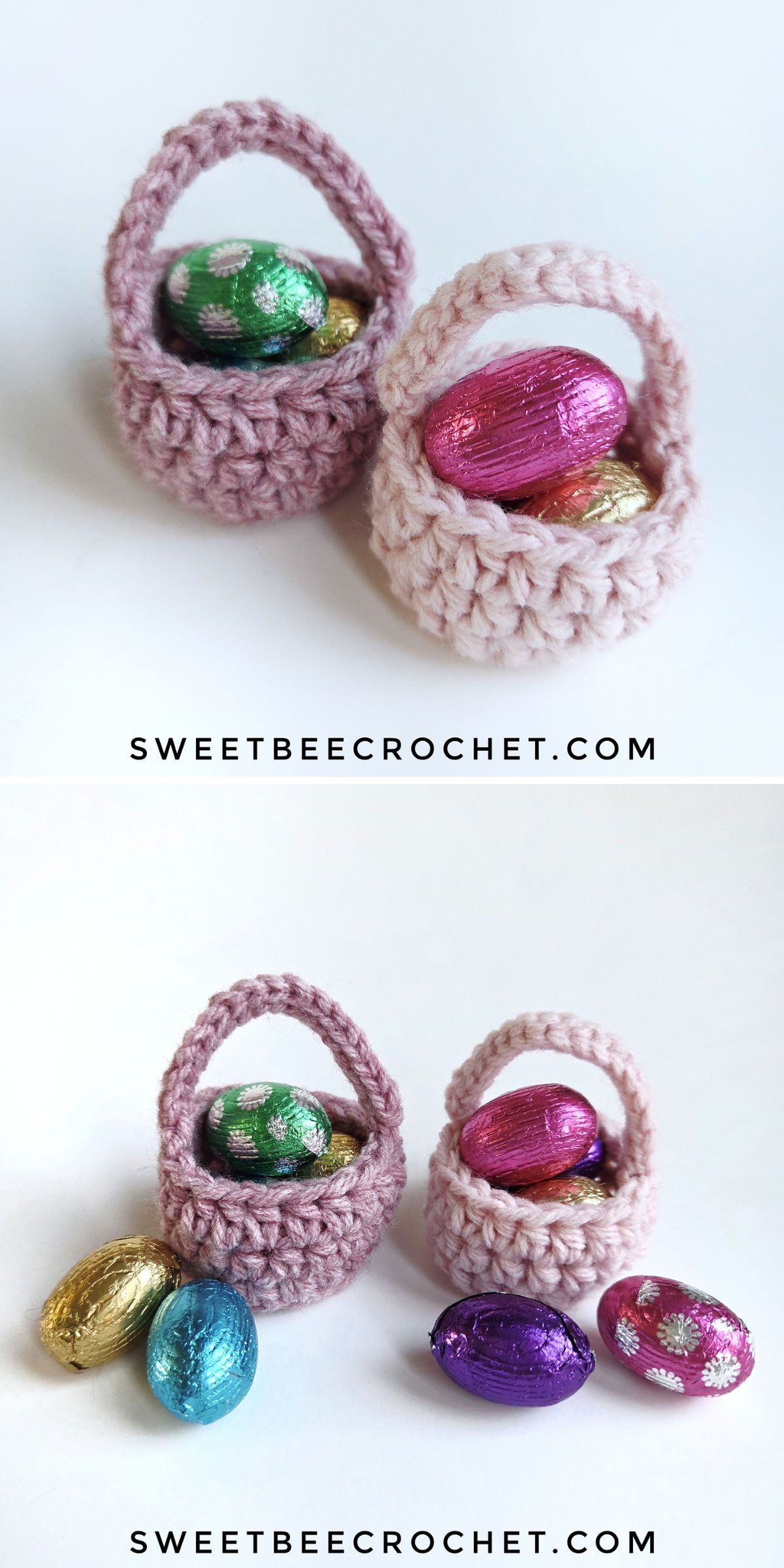 Two small crocheted baskets, perfect as crochet Easter decor, each holding foil-wrapped chocolate eggs and displayed on a white surface. Text at the bottom reads "sweetbeecrochet.com".