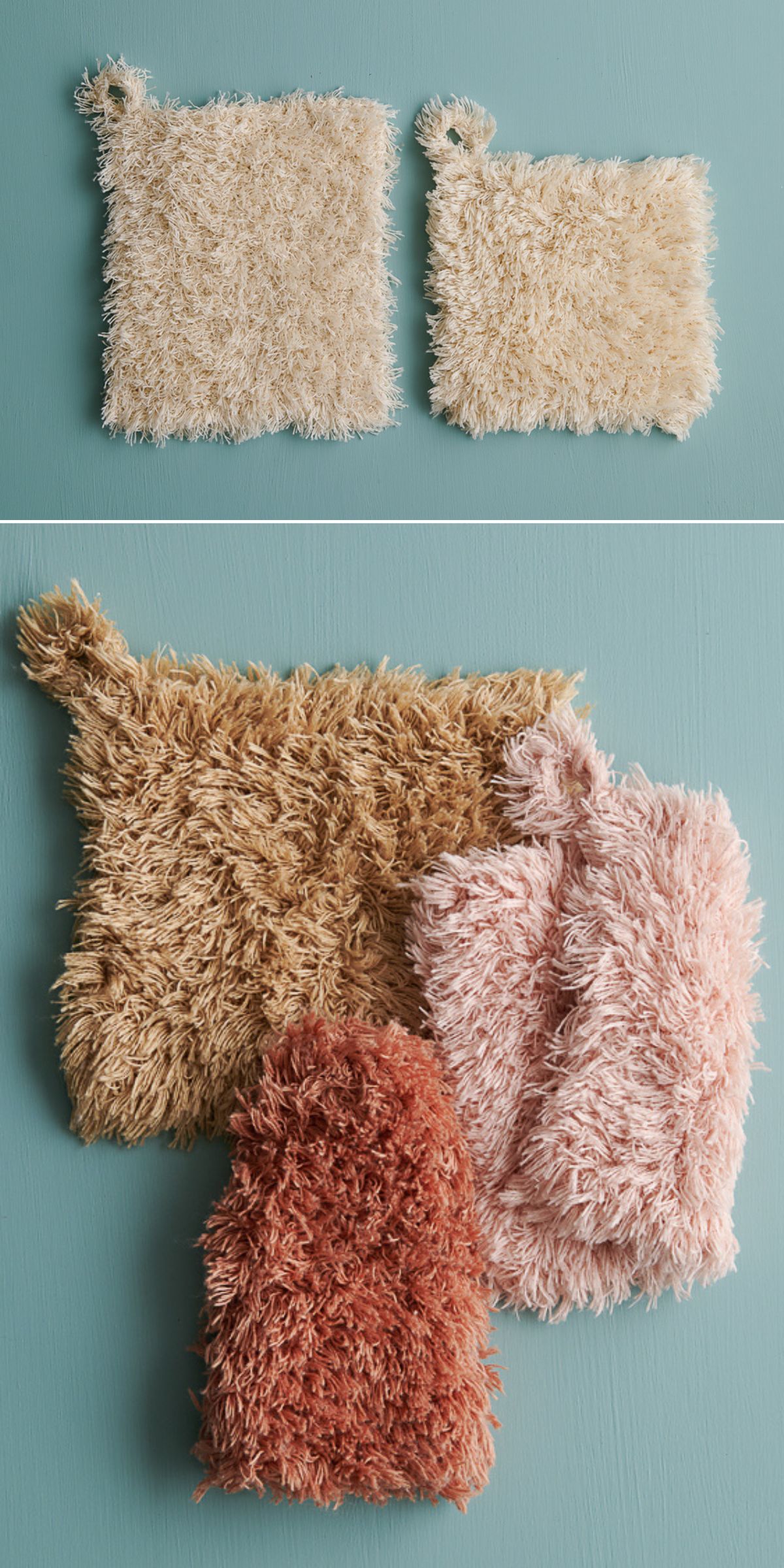 Four rectangular, fluffy knit washcloths in beige, tan, pink, and rust, displayed on a pale teal surface. One washcloth has a loop in the corner for hanging.
