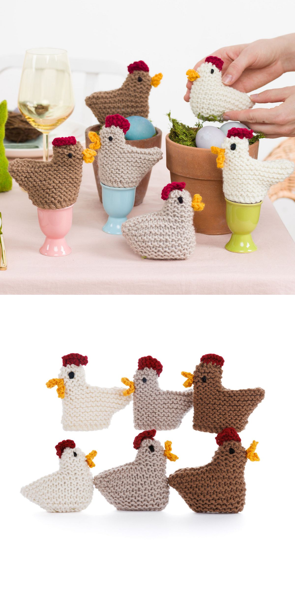 Handmade knitted chickens in various shades of beige, brown, and white are displayed on pastel egg cups, making charming knitted Easter decorations arranged on a light surface.