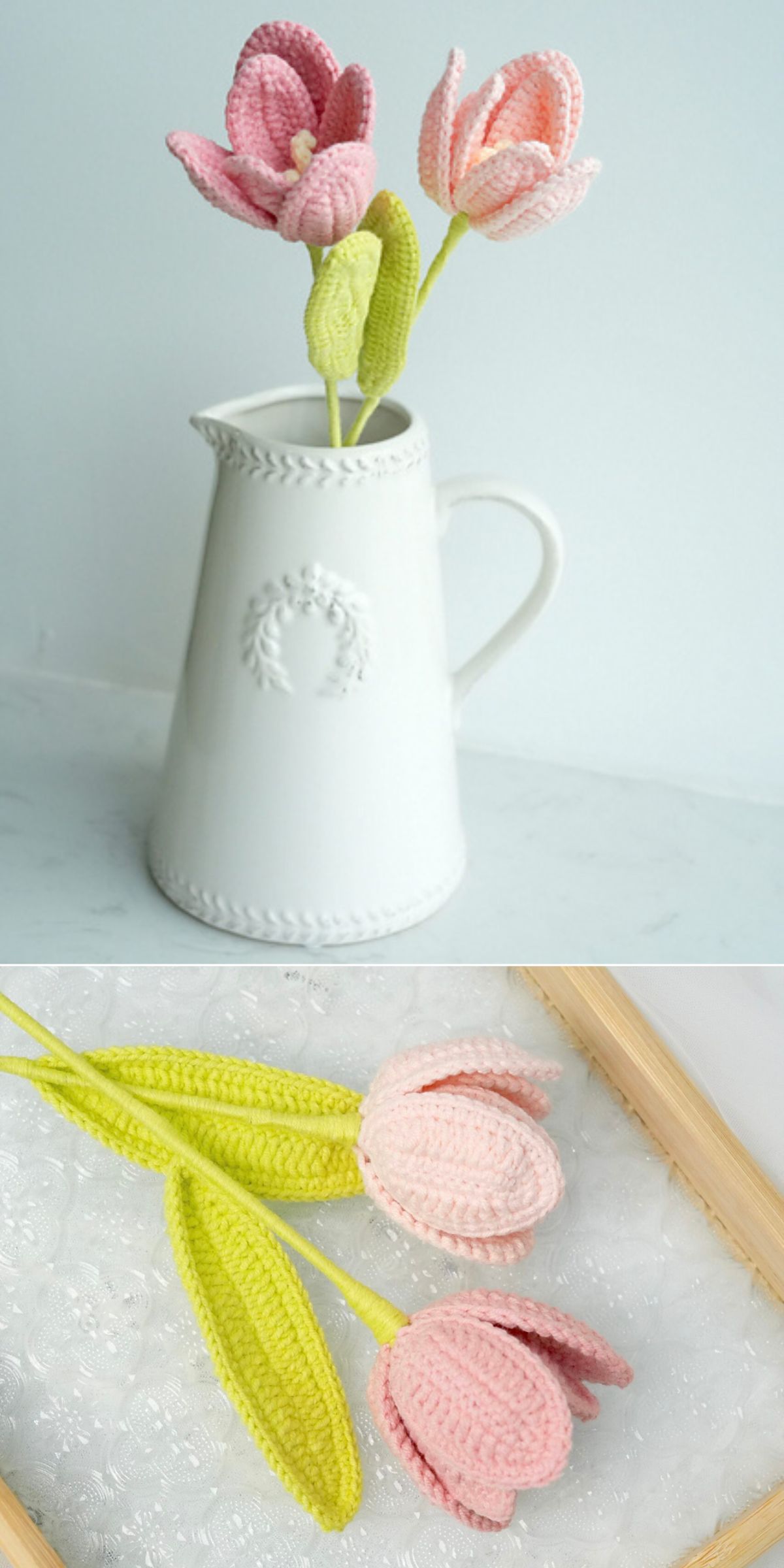 Two pink crocheted tulips with green leaves are displayed in a white ceramic pitcher in the top image and laid on a lace surface in the bottom image.