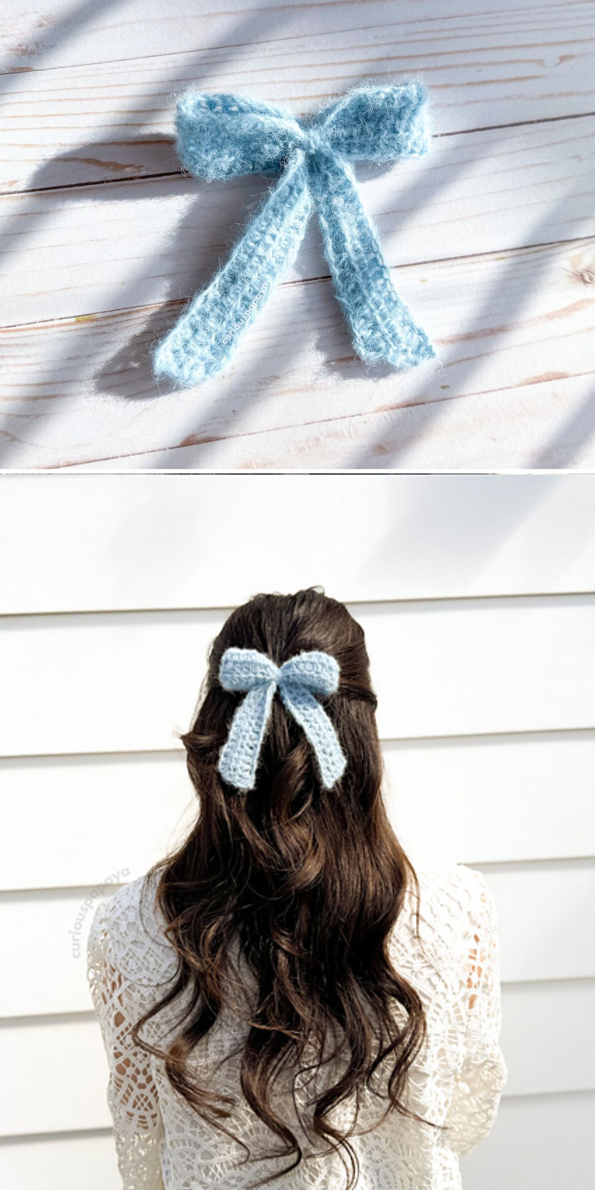 A hand-knitted light blue crochet bow is shown alone on a wooden surface and then worn as a hair accessory by a woman with long wavy brown hair.