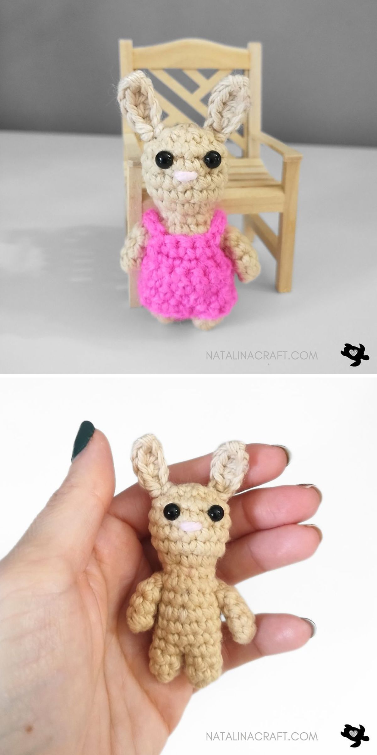 Two images show a small amigurumi bunny, one wearing a pink dress and standing by a wooden chair, the other held in a person's hand without the dress.