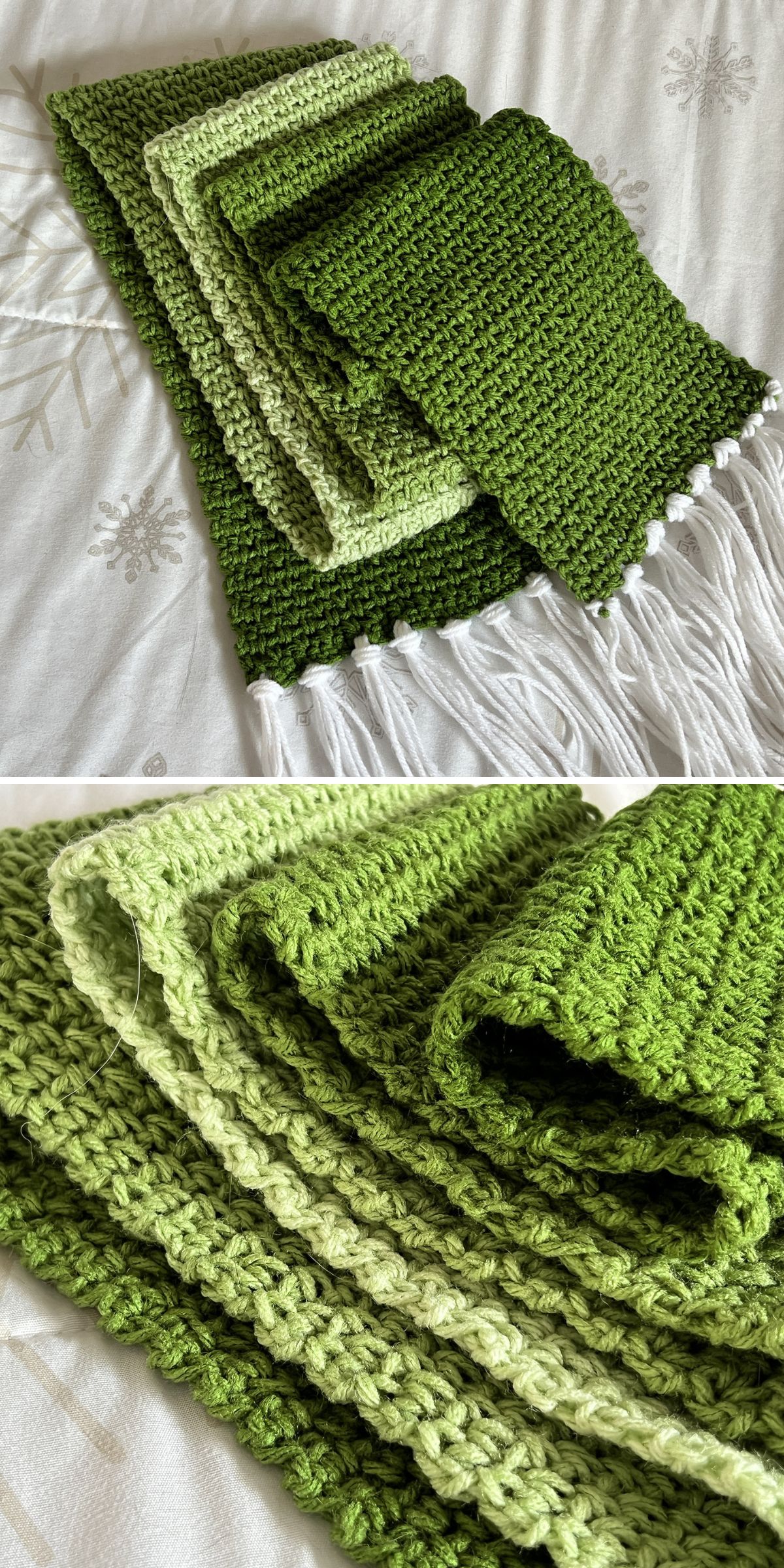 Two photos showing a handmade crochet scarf in varying shades of green, featuring textured stitches and white fringes, displayed on a white fabric with light snowflake patterns—perfect inspiration for free crochet patterns in green.