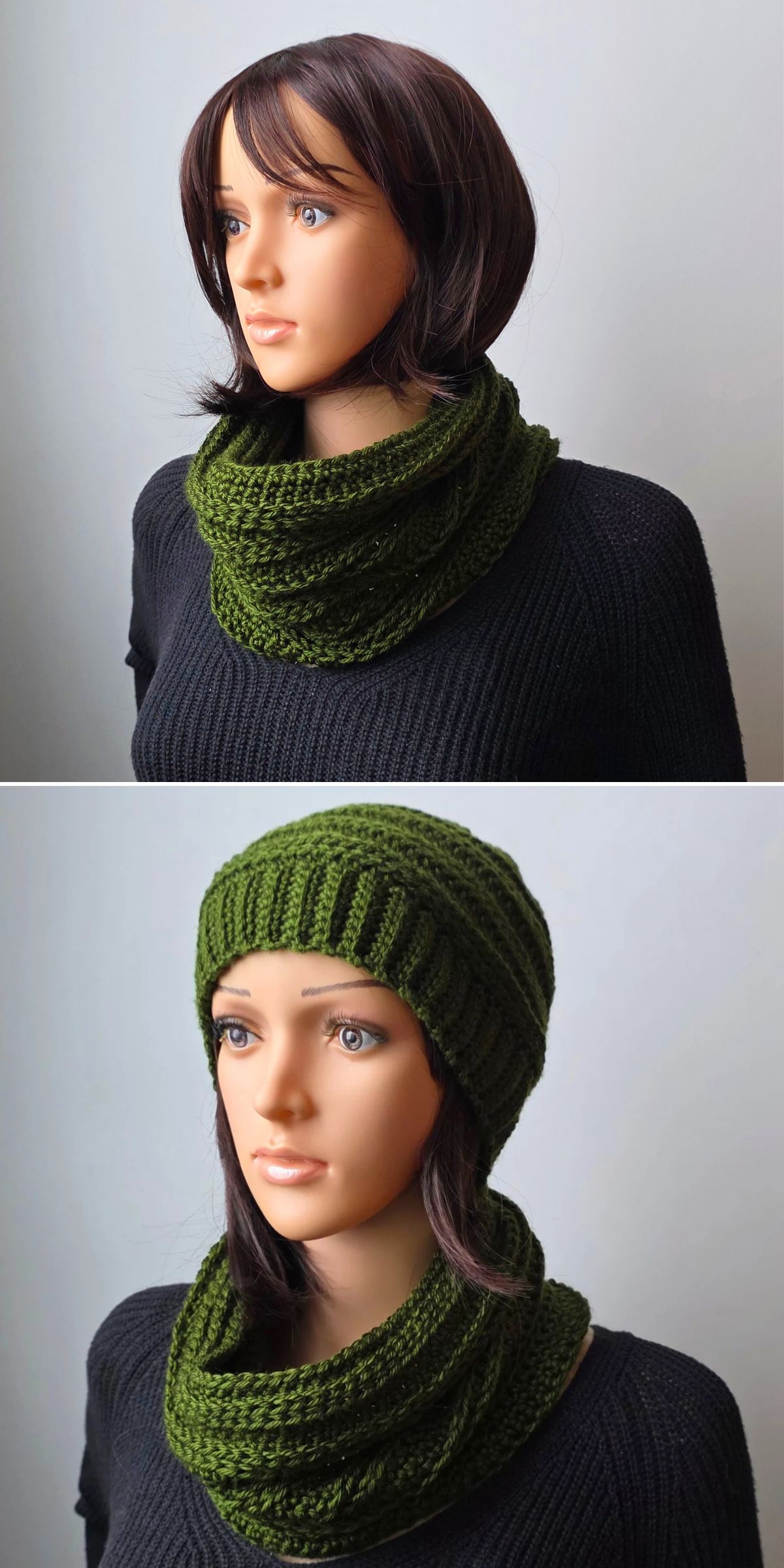 A mannequin wearing a black sweater, a green knitted cowl in both images, and a matching green knitted hat in the second image.