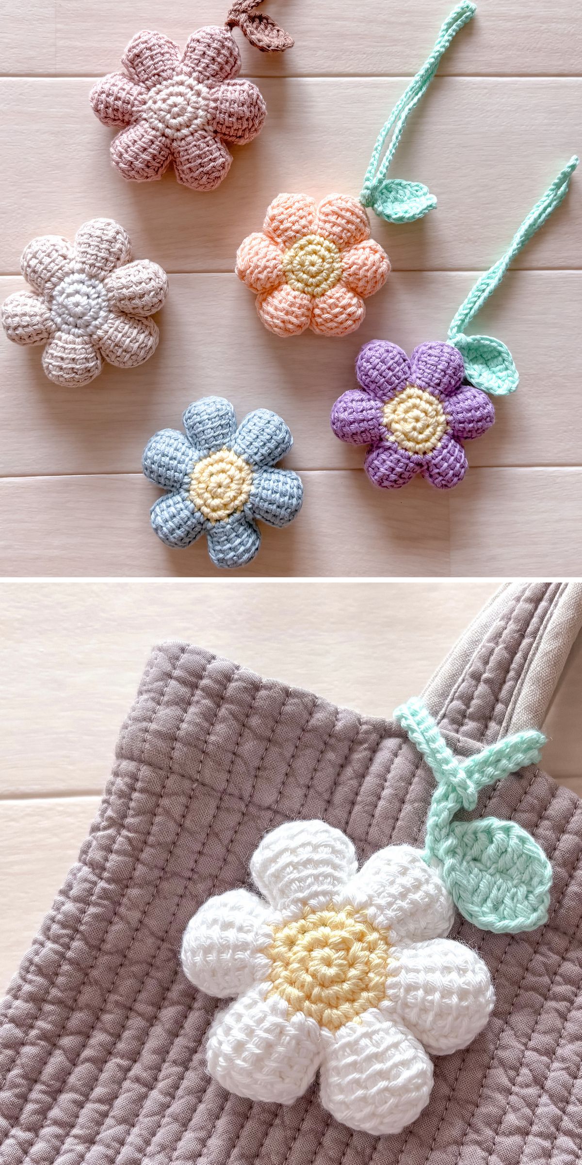 Five crocheted flower keychains in various colors arranged on a light surface; one white flower keychain is attached to a quilted beige bag handle.