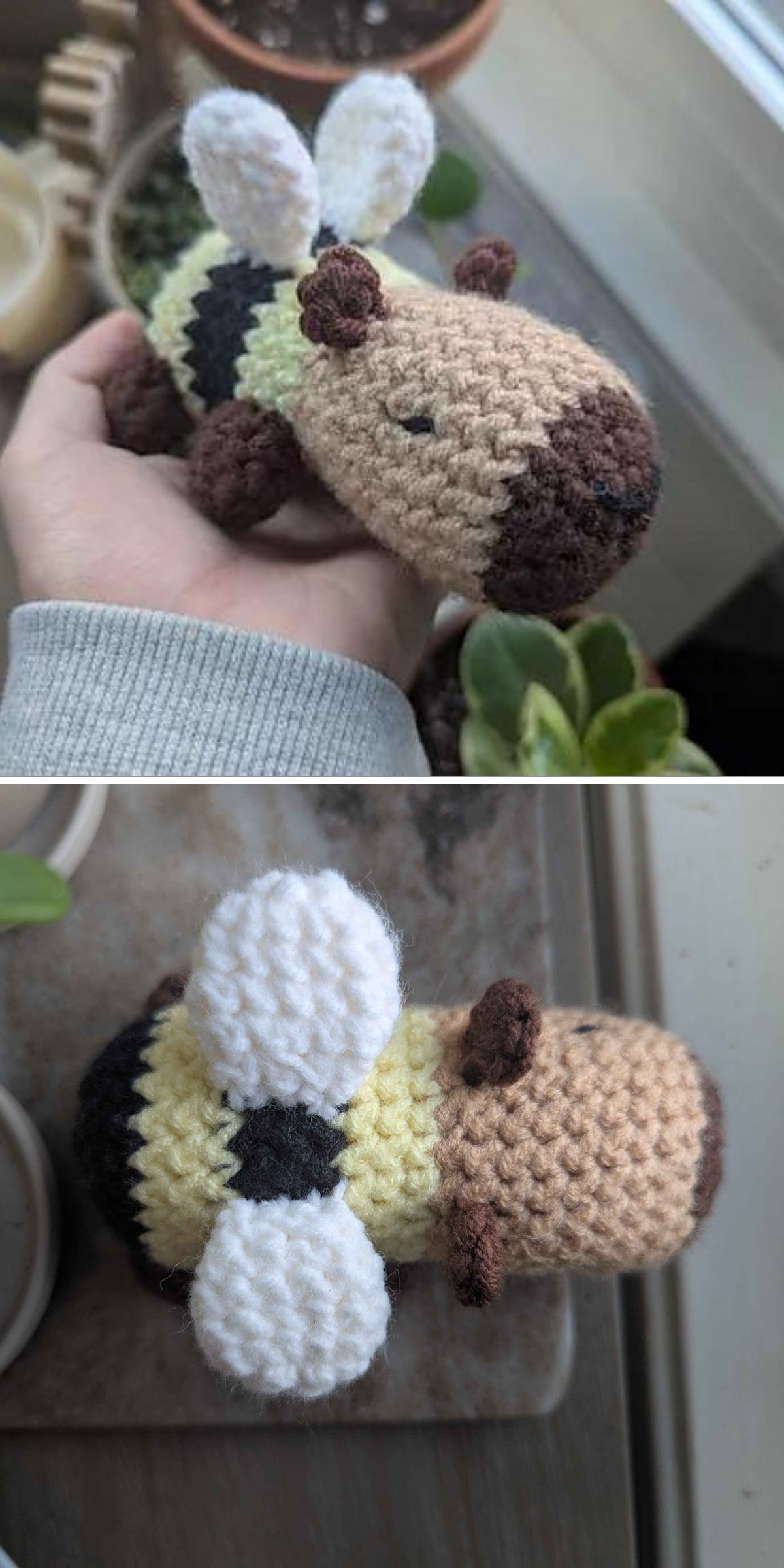 A hand holds a crochet capybara plush that blends bee features, shown from the side and top angles near some potted plants.