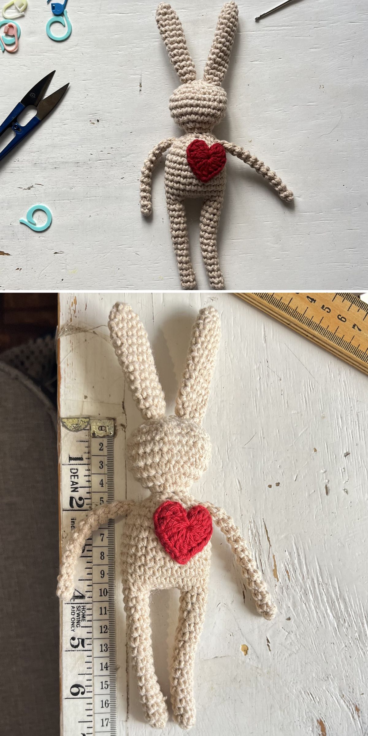 Two photos of a handmade amigurumi bunny with a red heart on its chest, placed on a white surface near measuring tools and craft supplies.