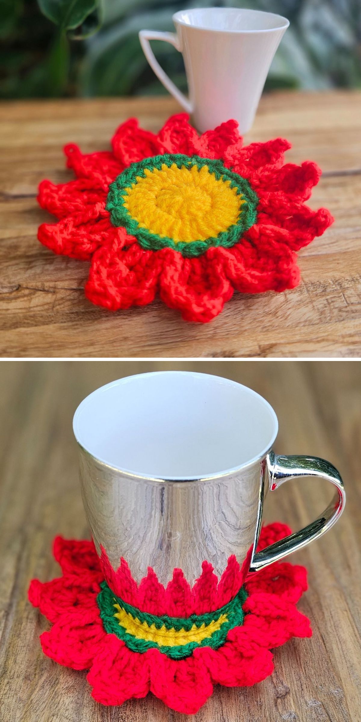 A white mug sits on a red and yellow crochet flower coaster on a wooden surface. A silver mug is also placed on the same crochet coaster in another view.