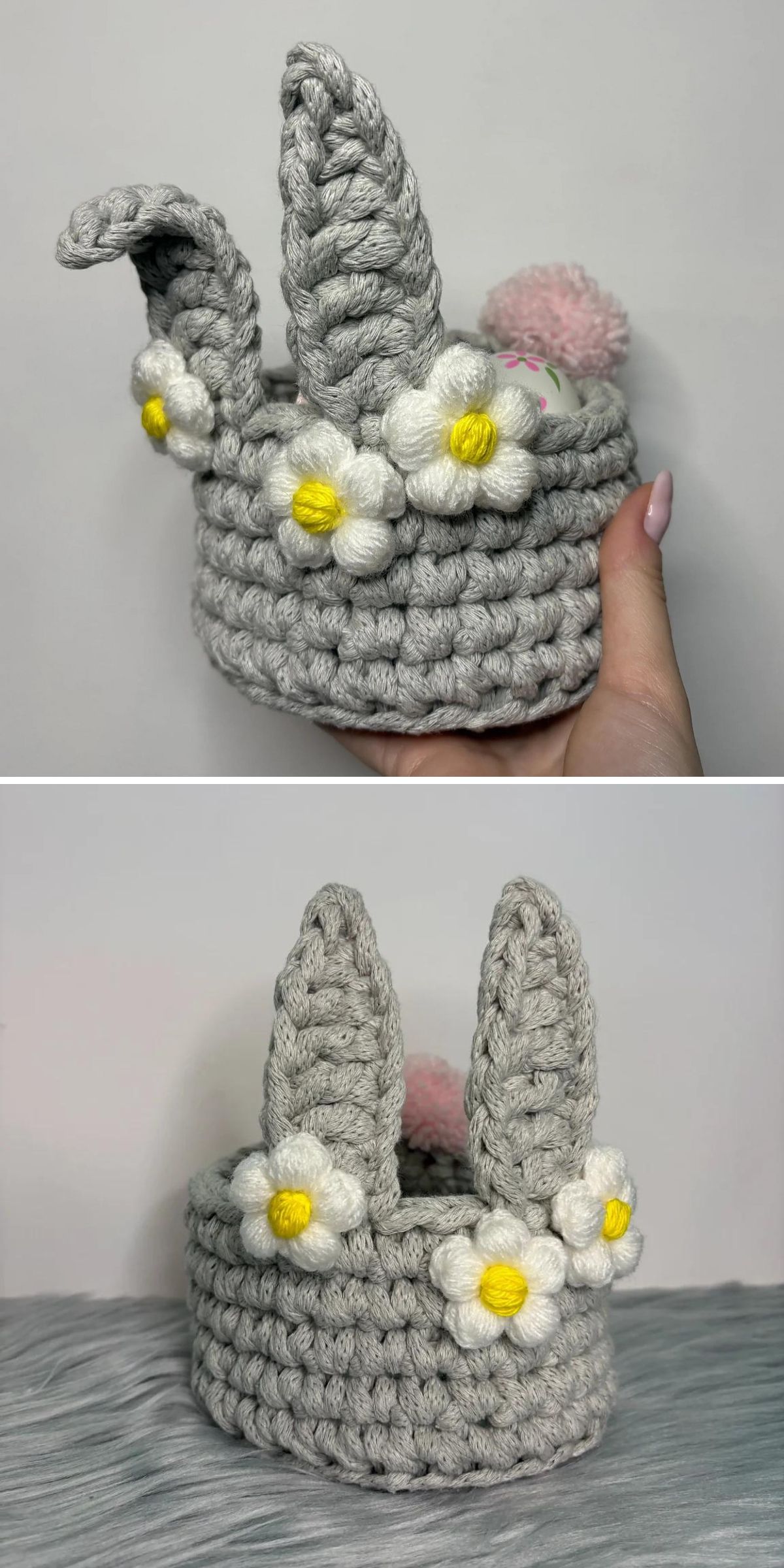 A hand holds a gray crocheted basket with two upright bunny ears, decorated with white and yellow crochet flowers — perfect as crochet Easter decor. The second image shows the basket standing on a surface.