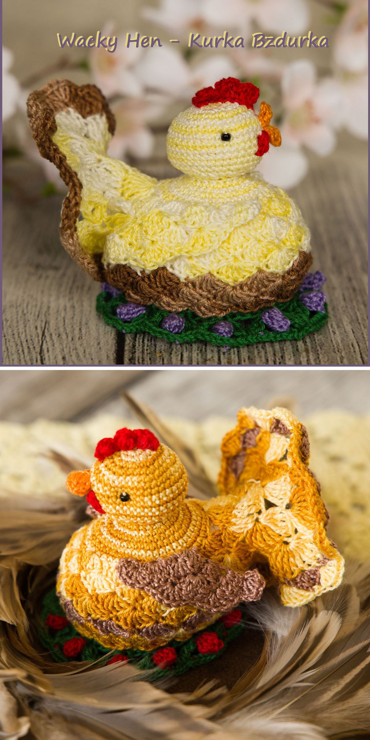 Two crocheted hen figurines with red combs, yellow bodies, and brown tails are displayed on decorative bases—one with purple flowers, the other with red—making charming crochet Easter decor.