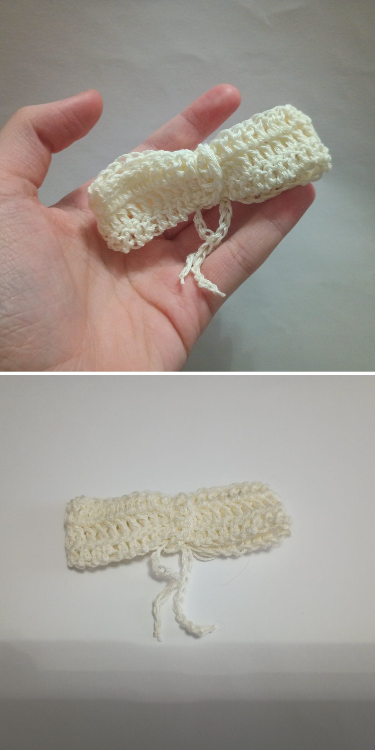 A hand holds a delicate crochet bow with a tied string; the cream-colored bow is also pictured lying flat against a white background.