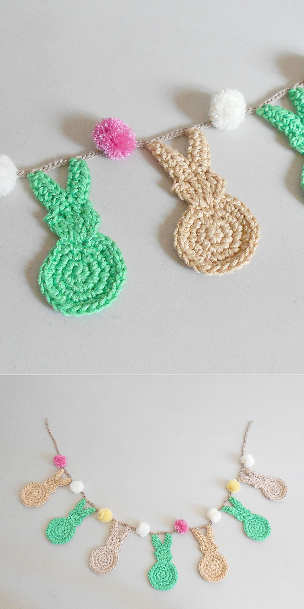Crocheted bunny and pom-pom garland in pastel colors displayed against a plain background—perfect as charming crochet Easter decor.