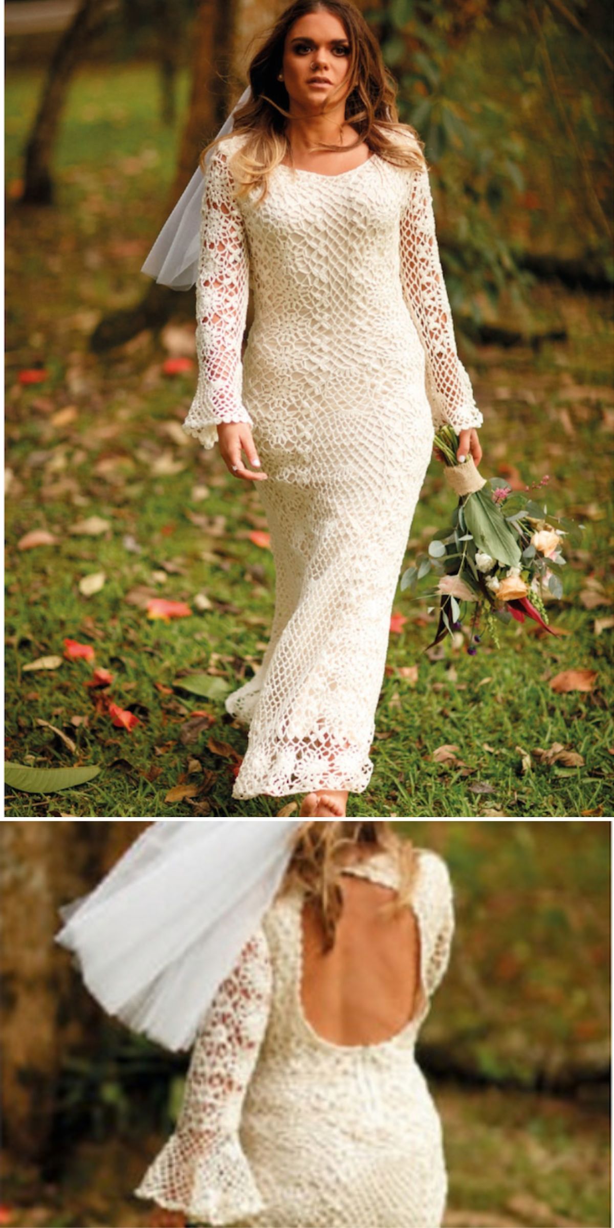 A woman in a long crochet wedding dress with long sleeves and an open back walks outdoors, holding a bouquet and wearing a white veil.