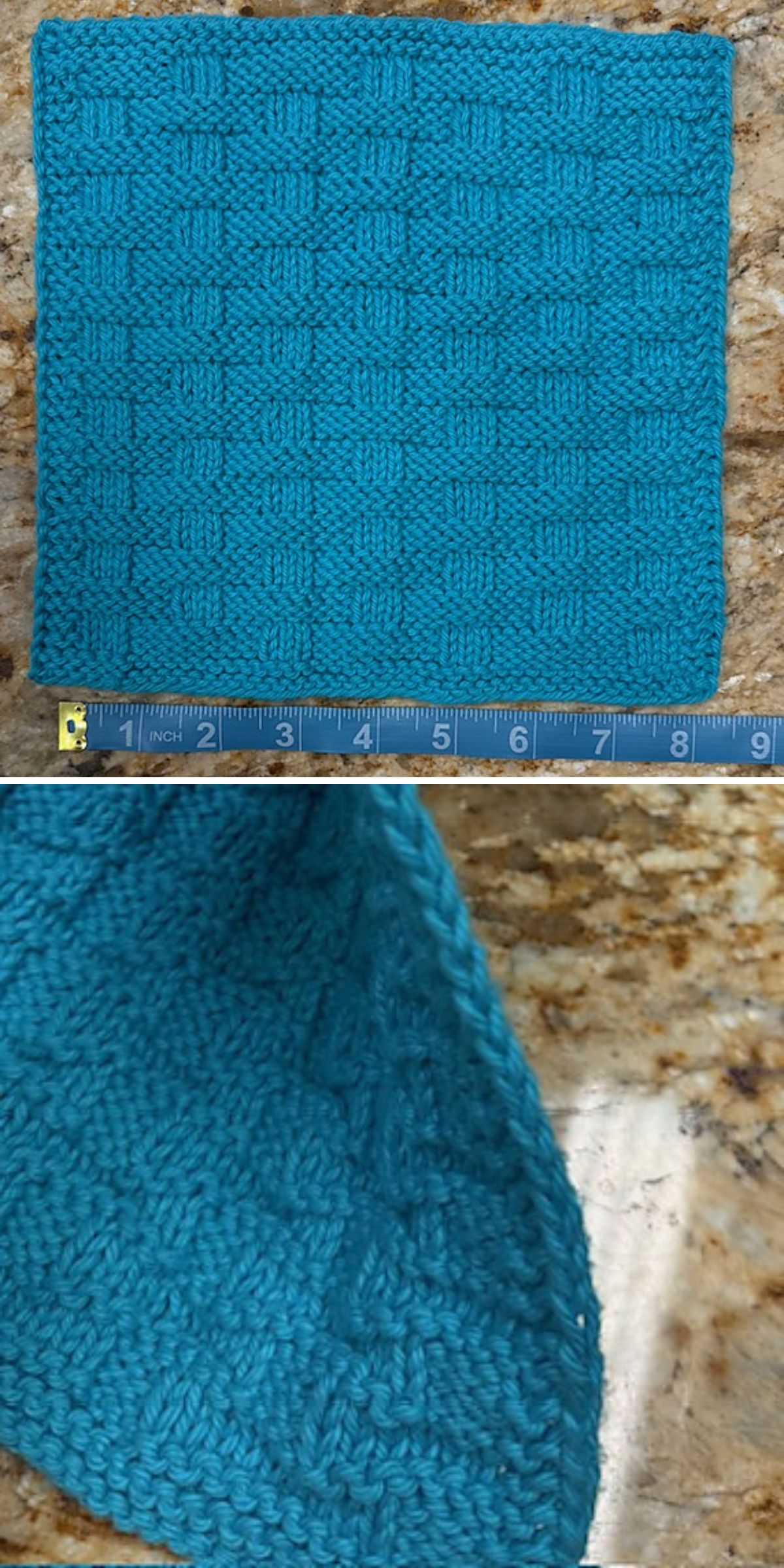 Two images show a blue knitted baby washcloth with a textured checkerboard pattern. The square measures about 8 inches, with a close-up of the texture and edges on a stone surface.