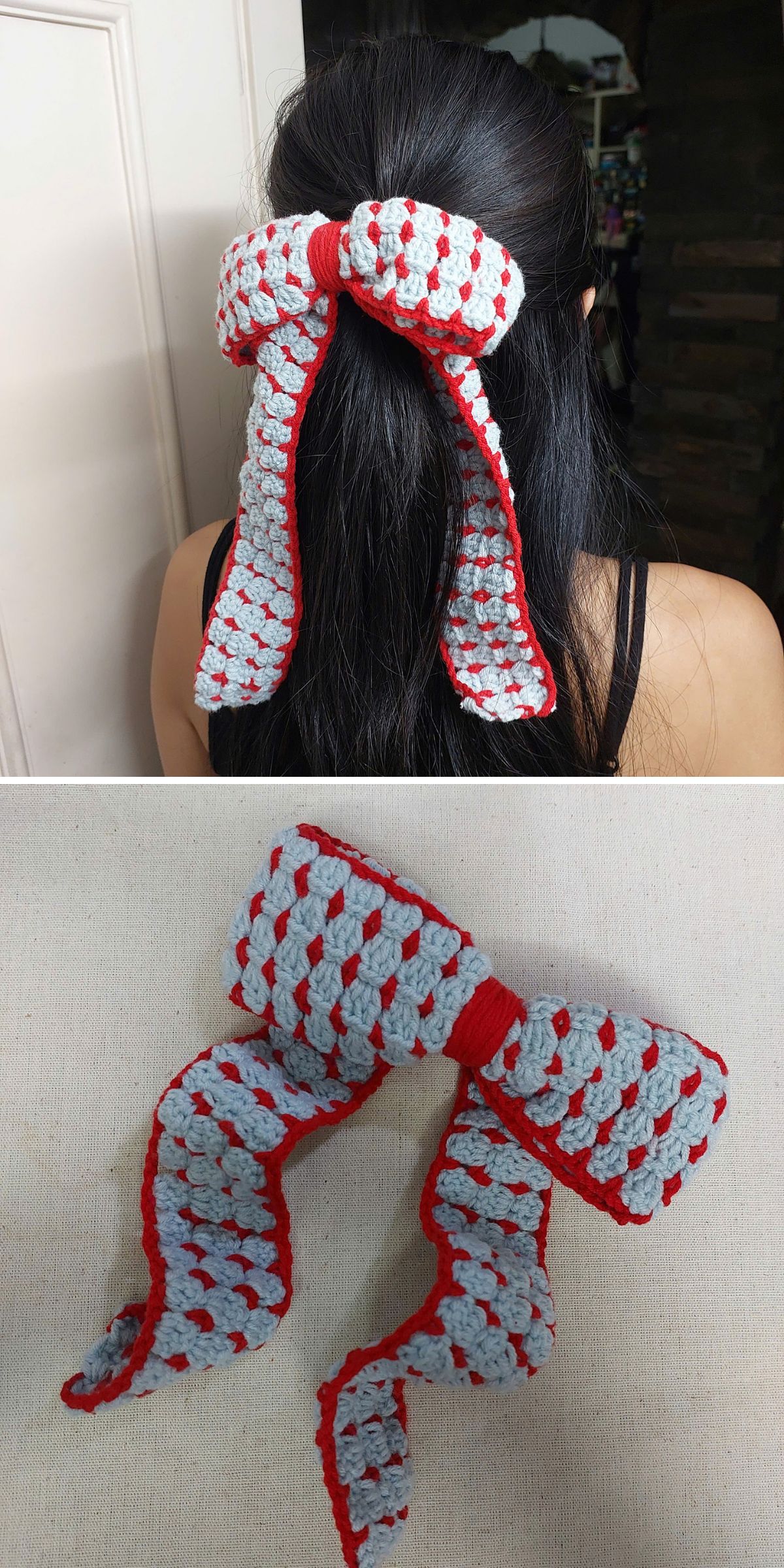 A person with long dark hair wears a large crochet bow in gray and red; below is a close-up of the crochet bow displayed on a flat surface.