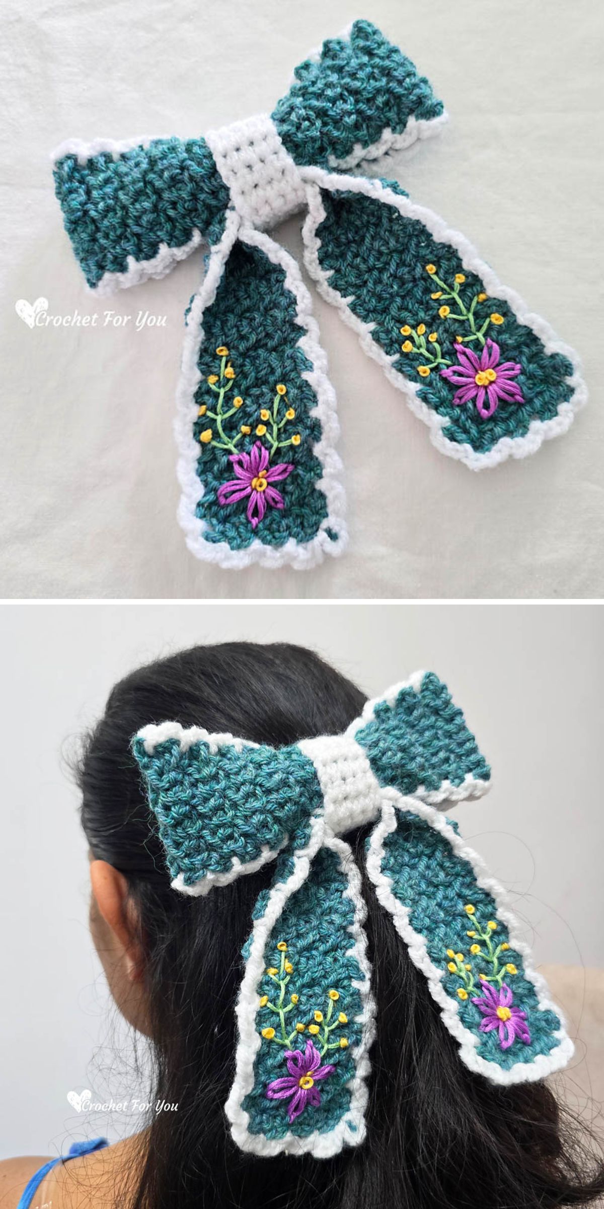 Two images show a crochet bow with white edges, green center, and floral embroidery, displayed on a white background and worn on dark hair.