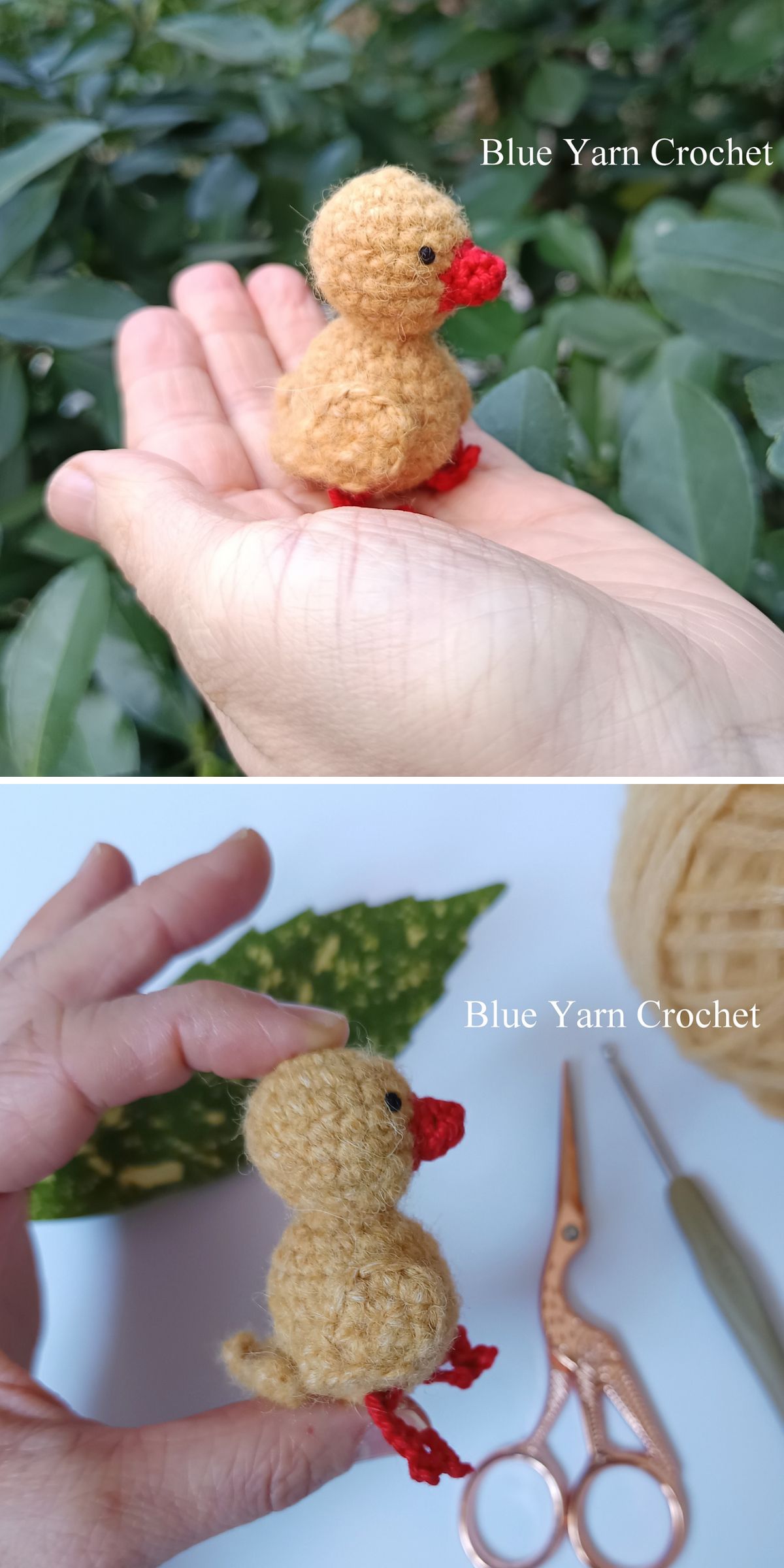 Two photos show a small, crocheted yellow chick with an orange beak and feet, held in a person's hand — a charming crochet Easter decor idea. Crochet tools and yarn are visible in the second image.