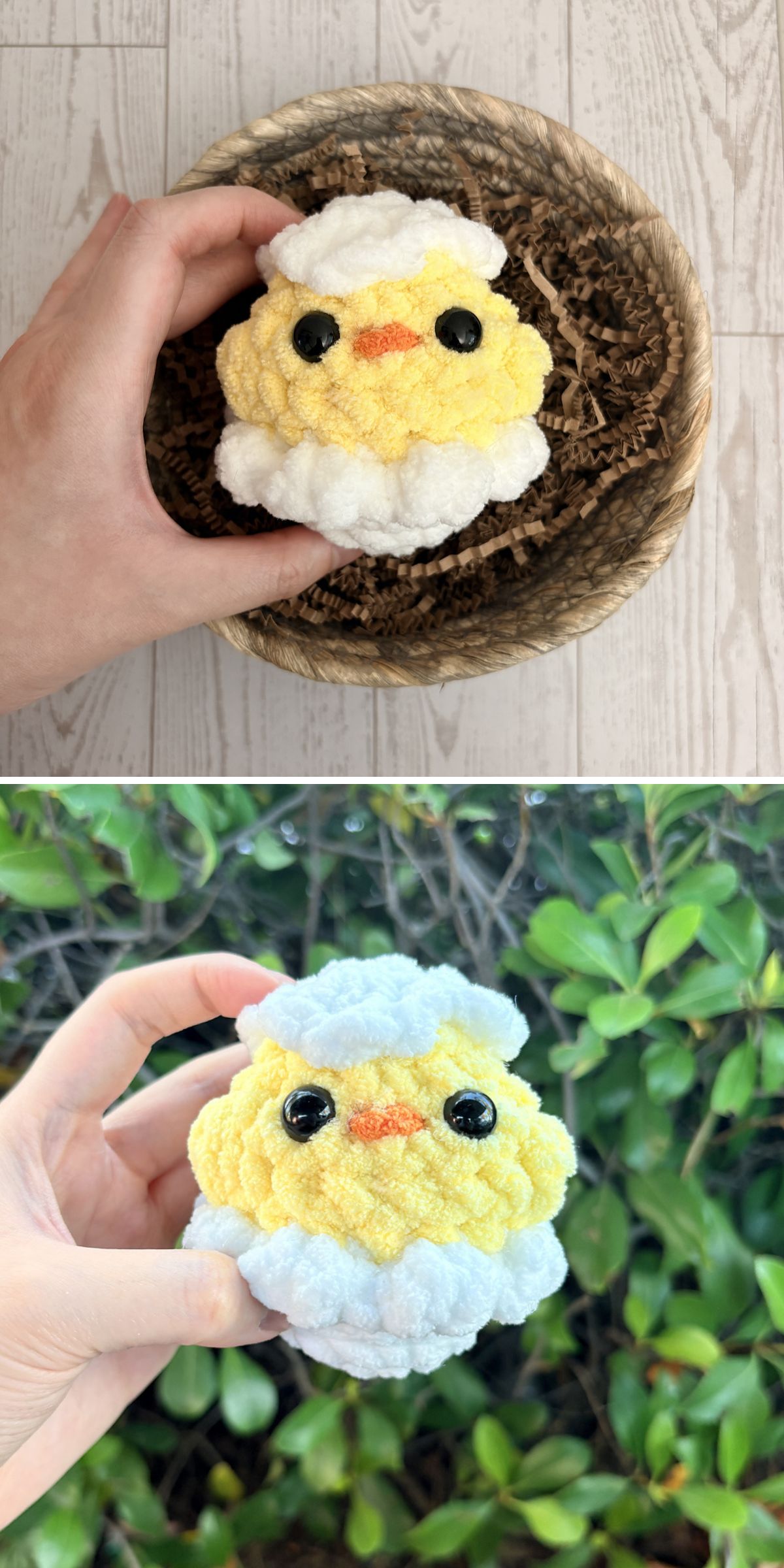 A hand holds a small, plush, yellow and white crochet Easter decor chick with large black eyes; first image shows it in a basket, second in front of green foliage.