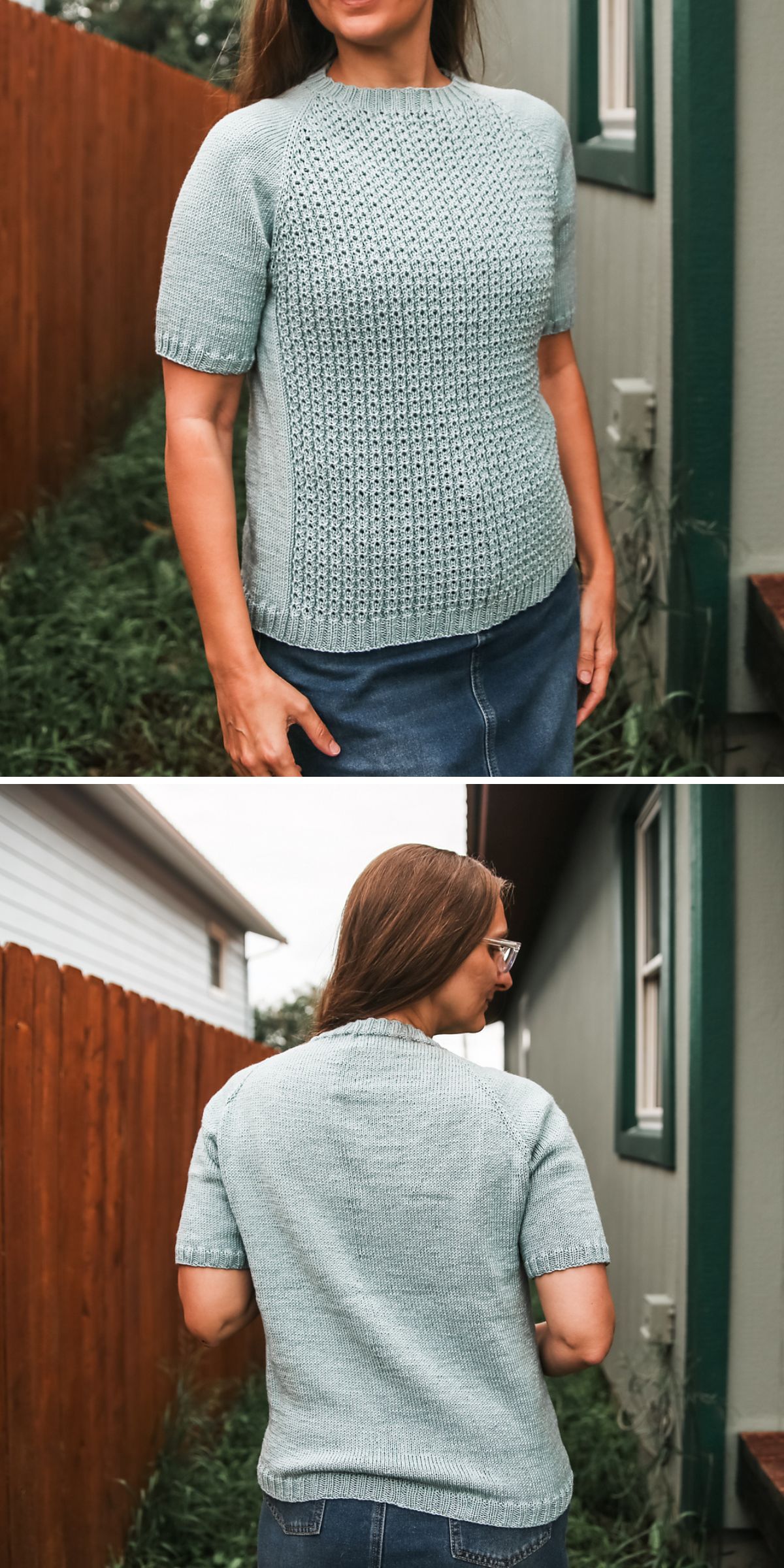 A woman stands outdoors wearing a light blue short-sleeved knit tee top and a denim skirt; the first image shows the front view, the second shows the back view.